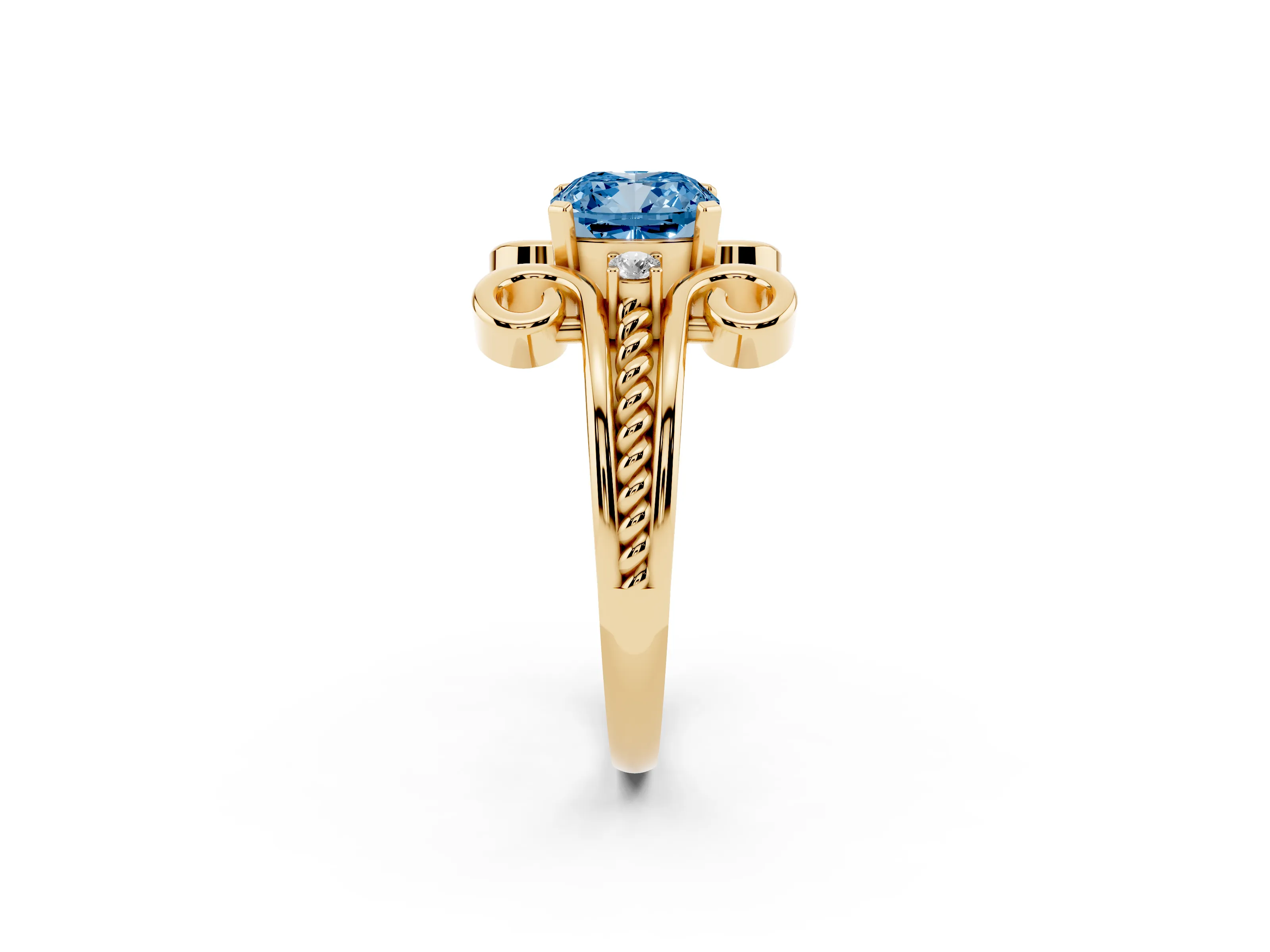 Fancy Blue Cushion Cut Diamond Twisted Band Solitaire Ring Set in Yellow gold with Scroll Prongs