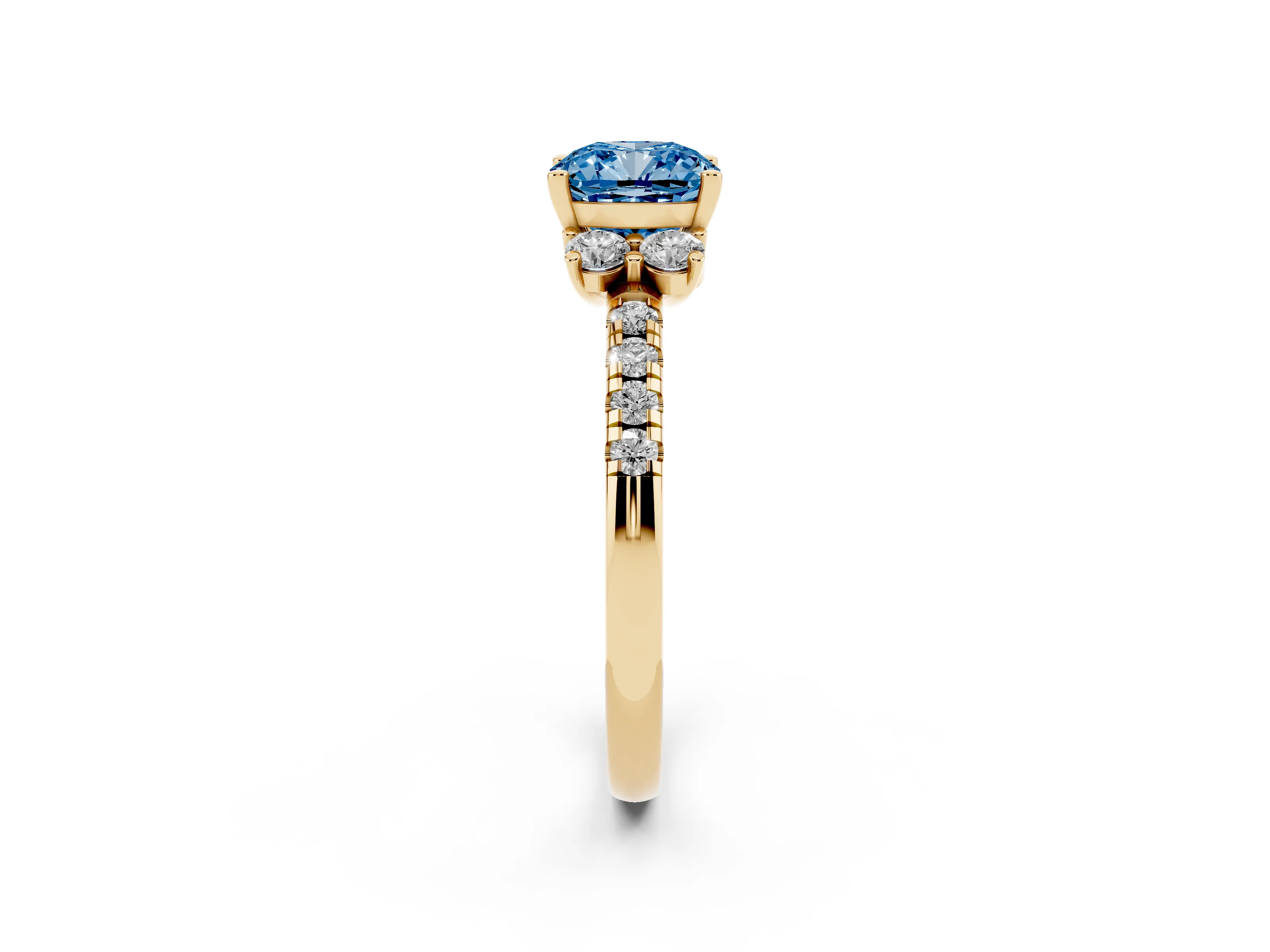 Fancy Blue Cushion Cut Diamond Three-Stone Pavé Ring Set in Yellow gold with Prong Setting