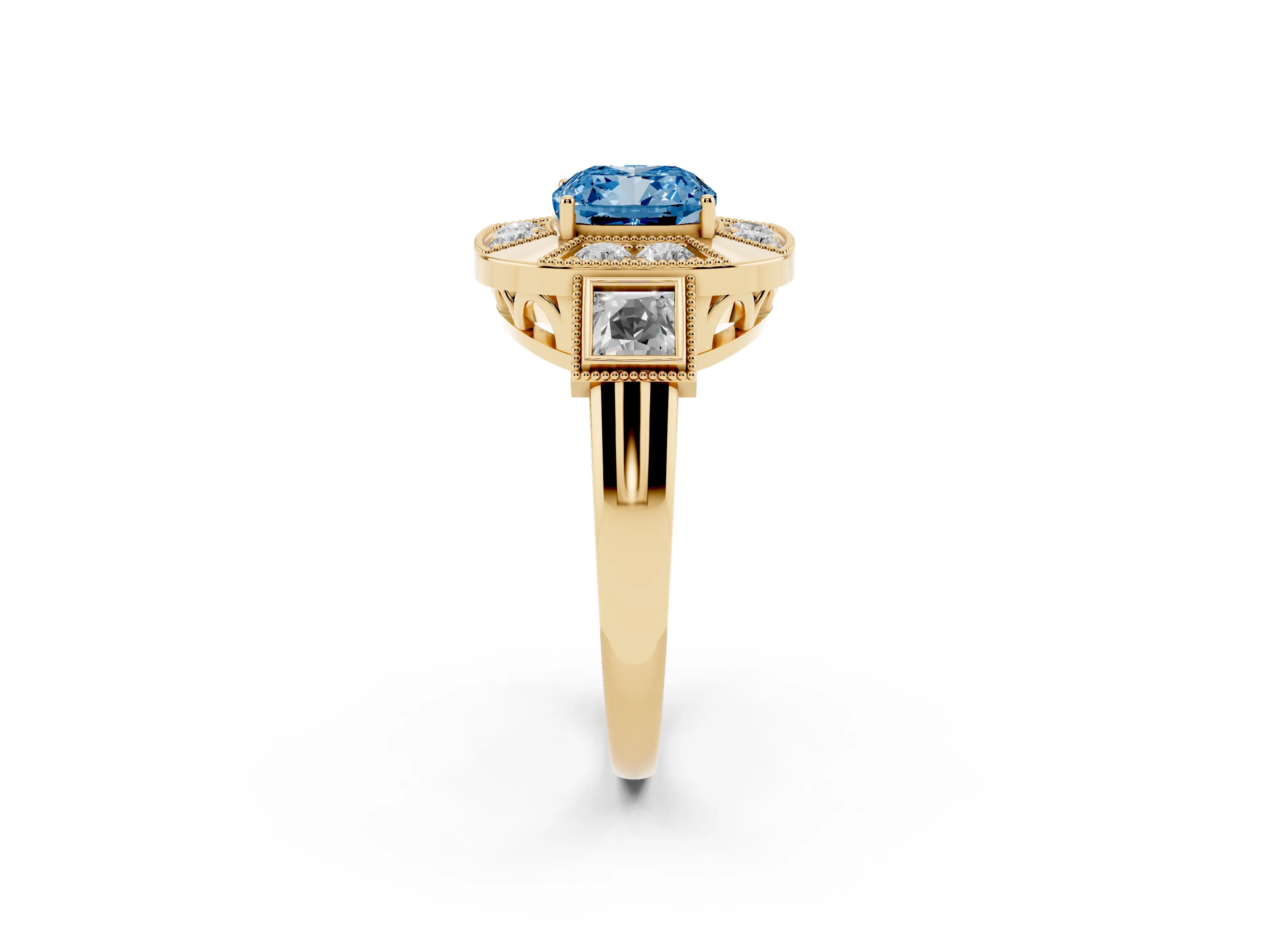 Fancy Blue Cushion Cut Diamond Milgrain Halo Ring Set in Yellow gold with Split Shank