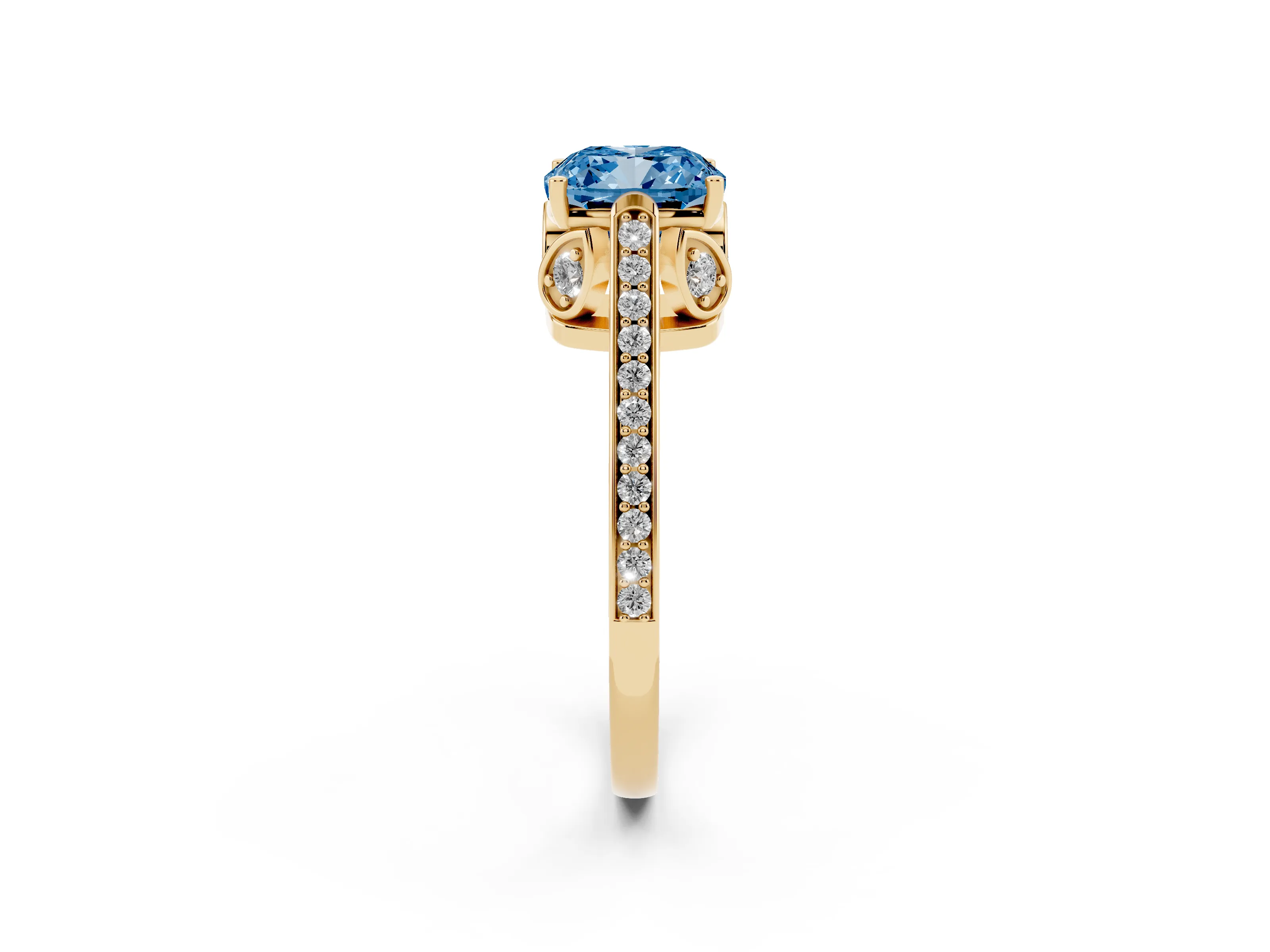 Fancy Blue Cushion Cut Diamond Cathedral Pavé Engagement Ring Set in Yellow gold with Prong Setting