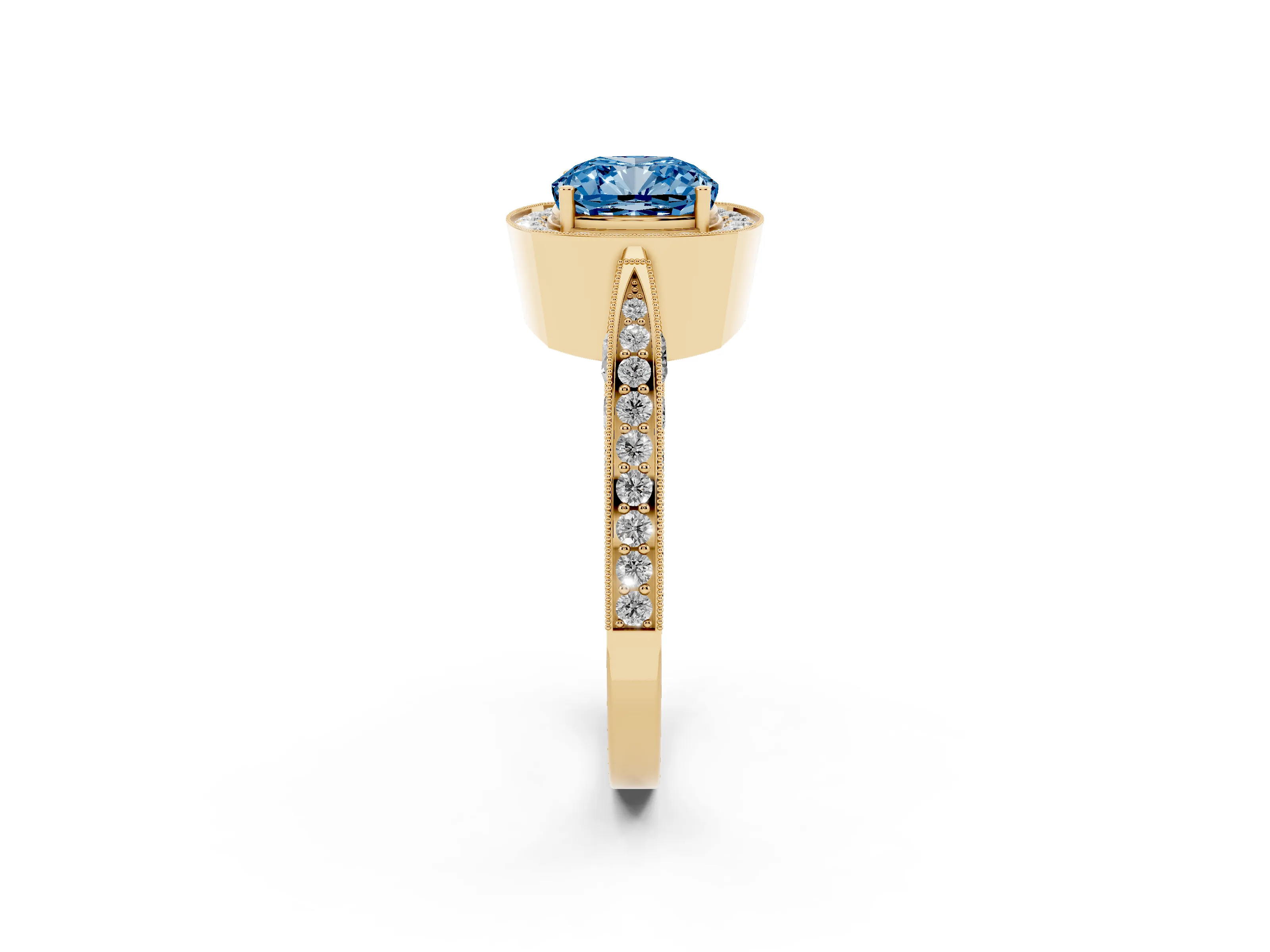 Fancy Blue Cushion Cut Diamond Halo Engagement Ring Set in Yellow gold with Accent Split Shank Band