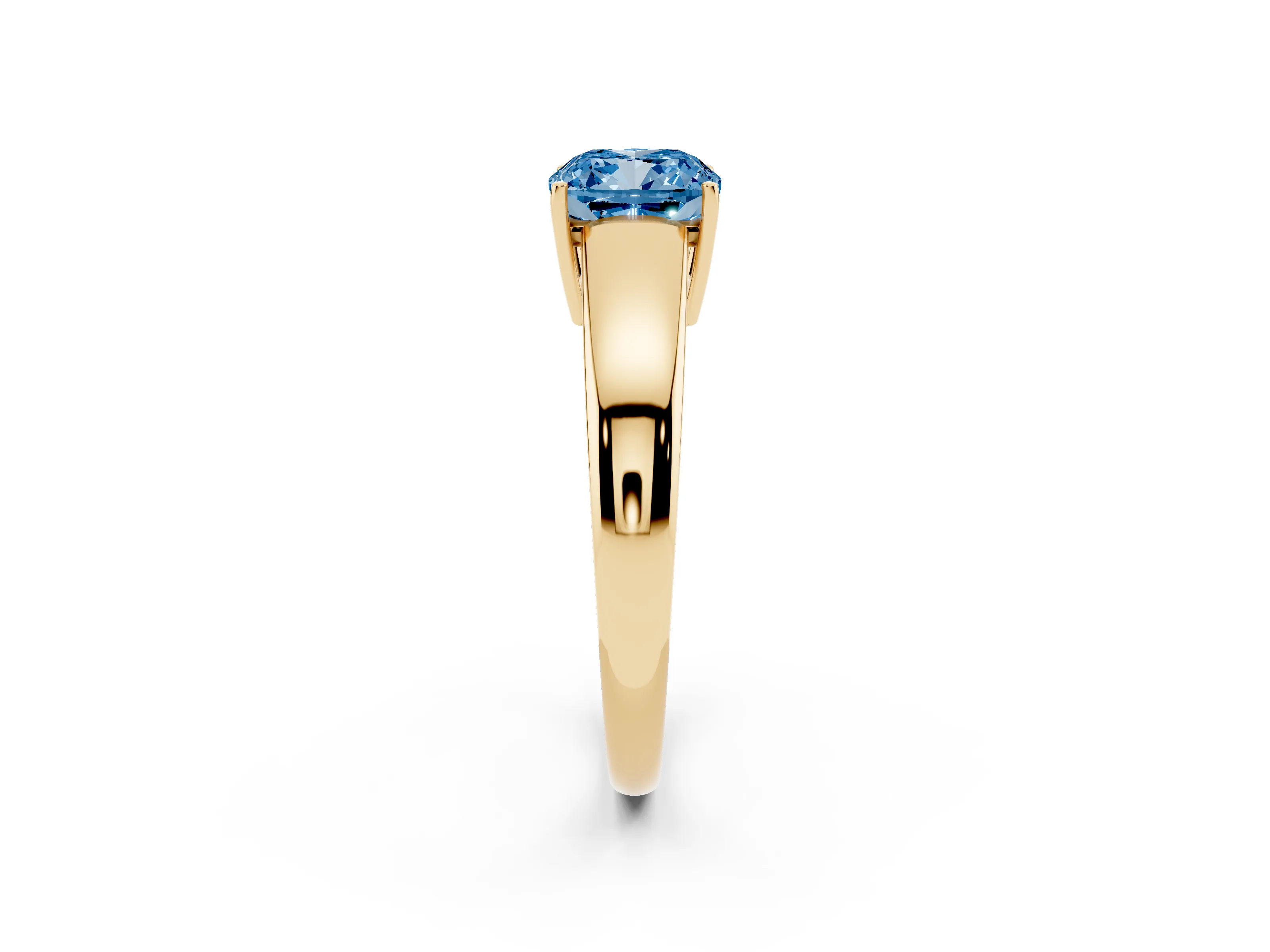 Fancy Blue Cushion Cut Diamond Solitaire Ring Set in Yellow gold with Tapered Band and Prong Setting