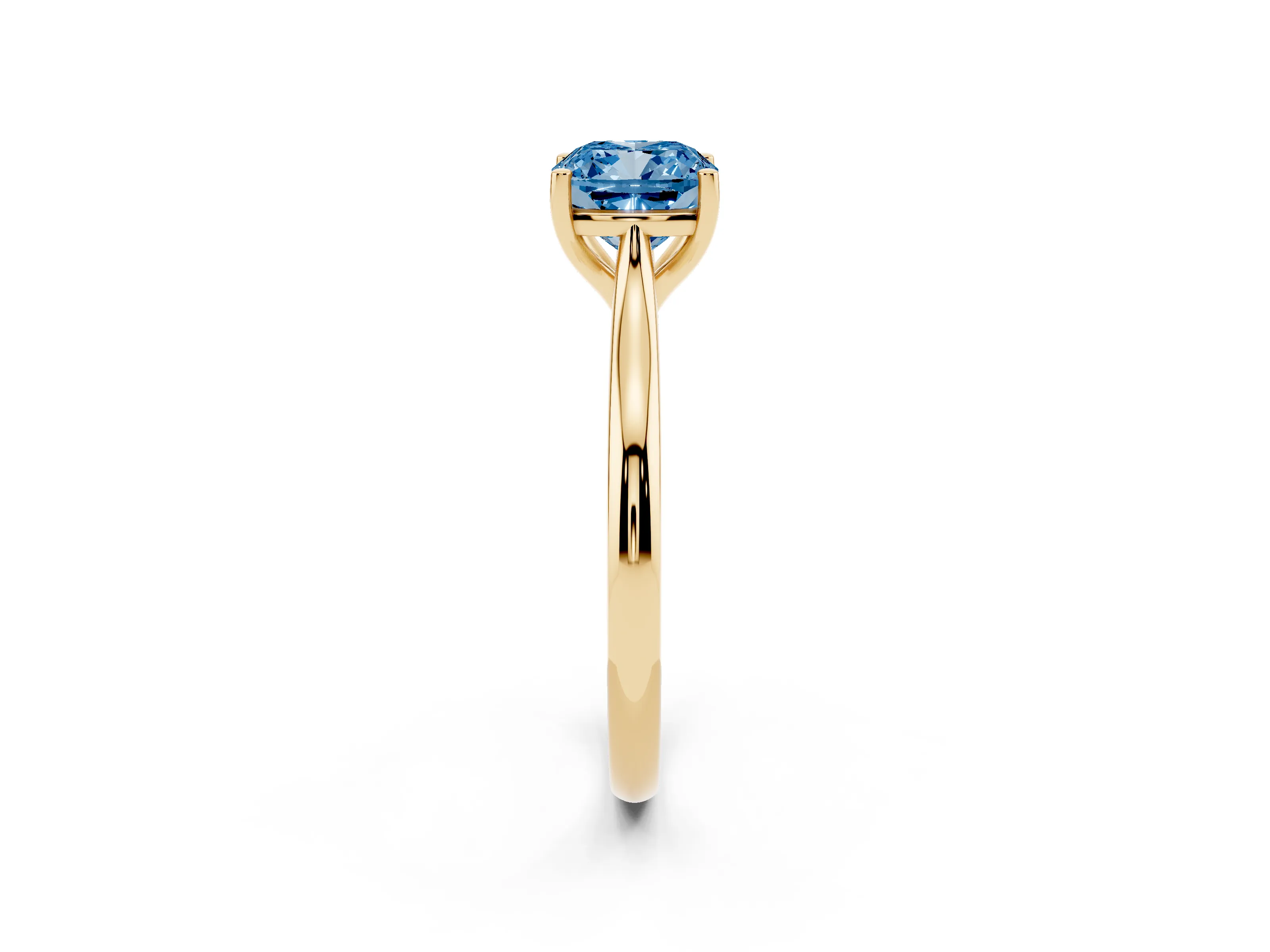 Fancy Blue Cushion Cut Diamond Solitaire Ring Set in Yellow gold with Cathedral Band and Prong Setting