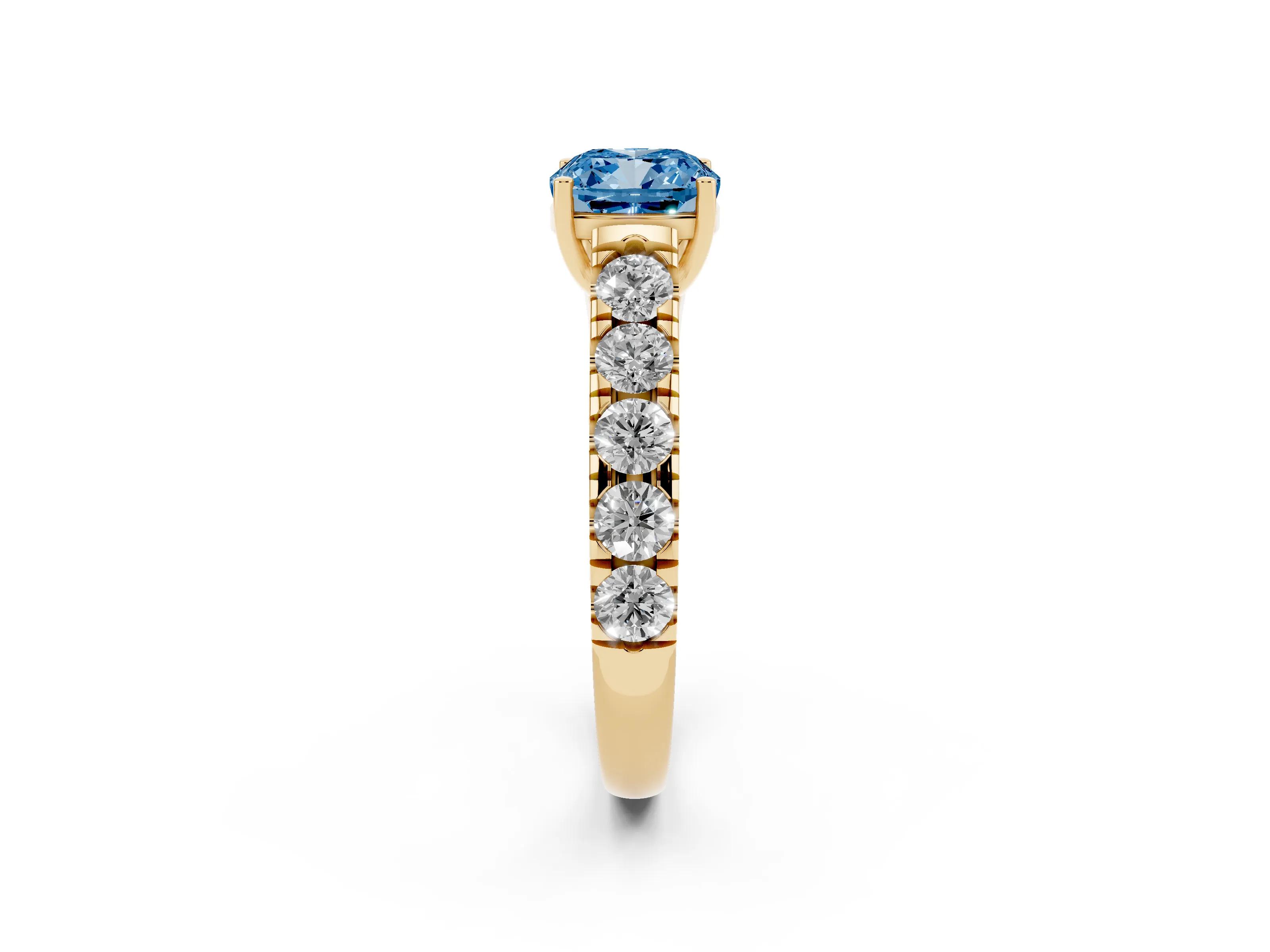 Fancy Blue Cushion Cut Diamond Solitaire Ring Set in Yellow gold with Cut-Down Micro Pavé Band and Prong Setting
