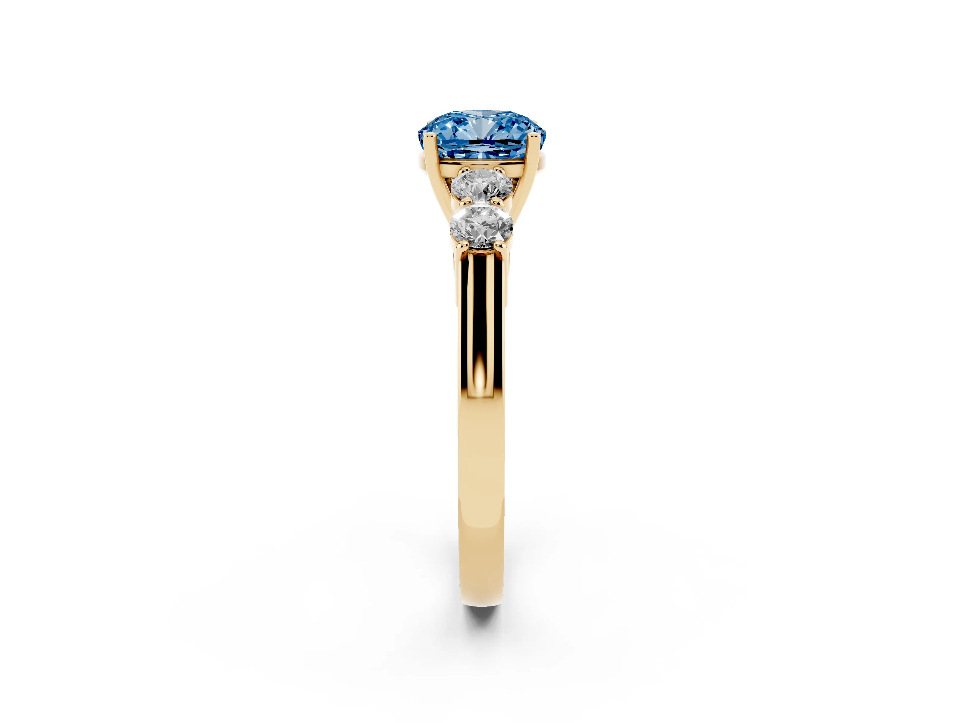 Fancy Blue Cushion Cut Diamond Five-Stone Prong Set Band Ring Set in Yellow gold with Polished Band