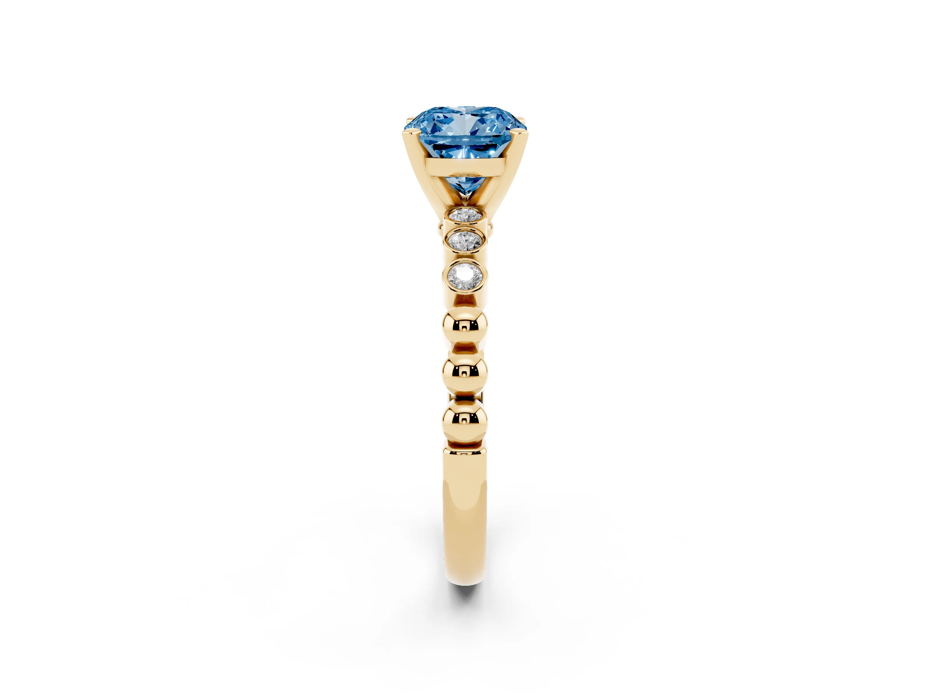 Fancy Blue Cushion Cut Diamond Solitaire Engagement Ring Set in Yellow gold with Bezel Accents on Beaded Band