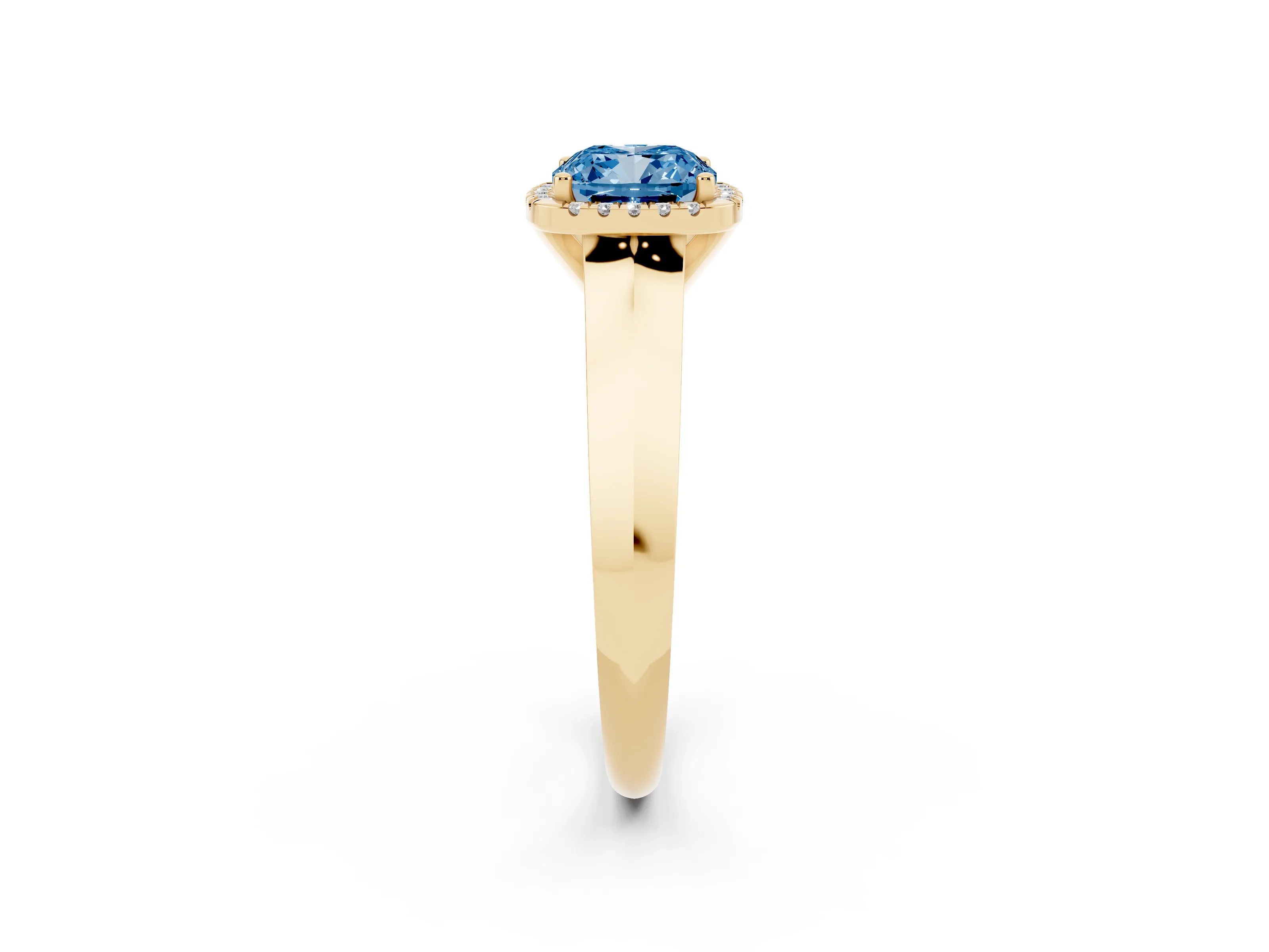 Fancy Blue Cushion Cut Diamond Halo Ring Set in Yellow gold with Cathedral Band and Prong Setting