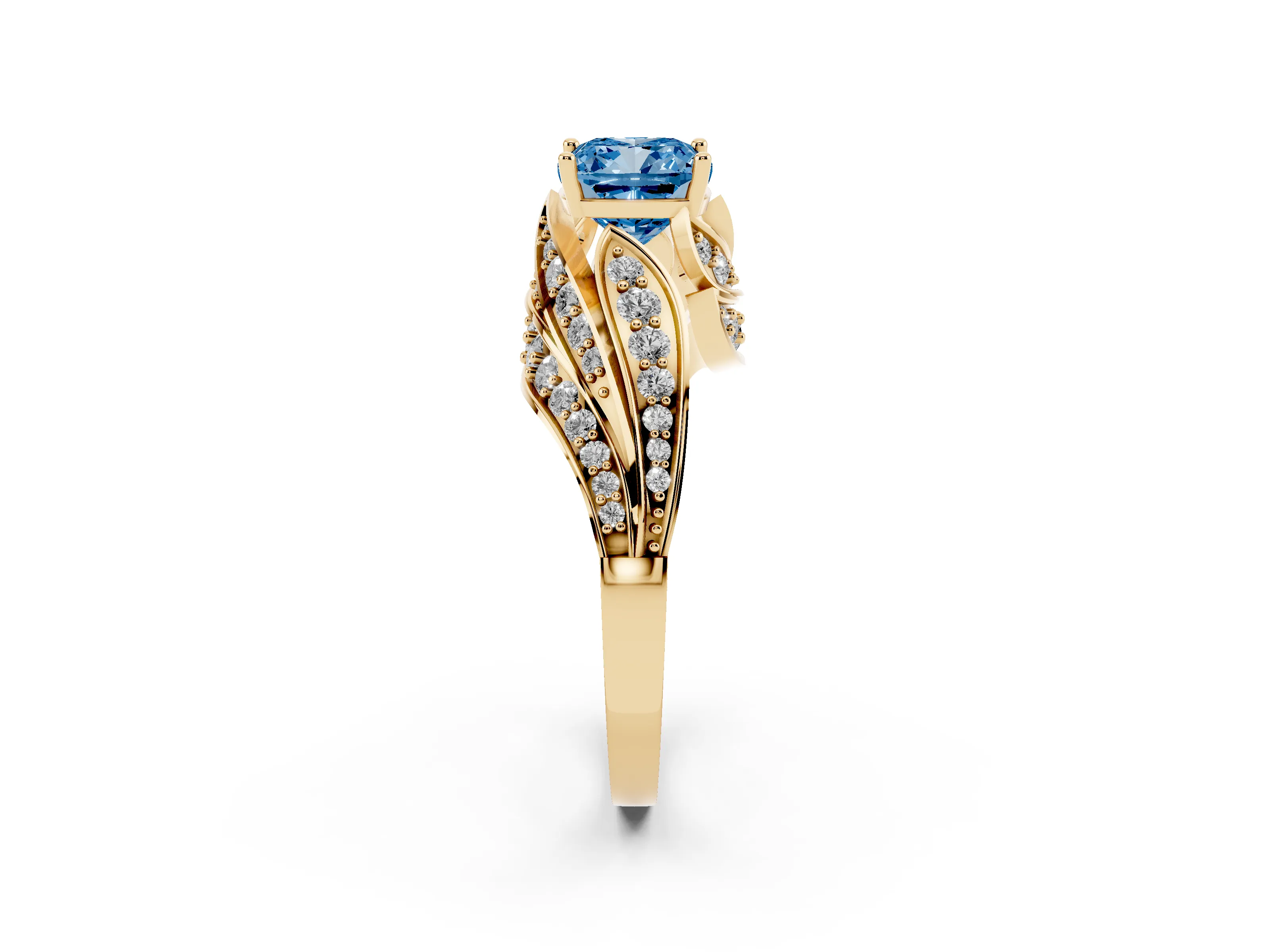 Fancy Blue Cushion Cut Diamond Solitaire Ring Set in Yellow gold with Layered Twist Pavé Band