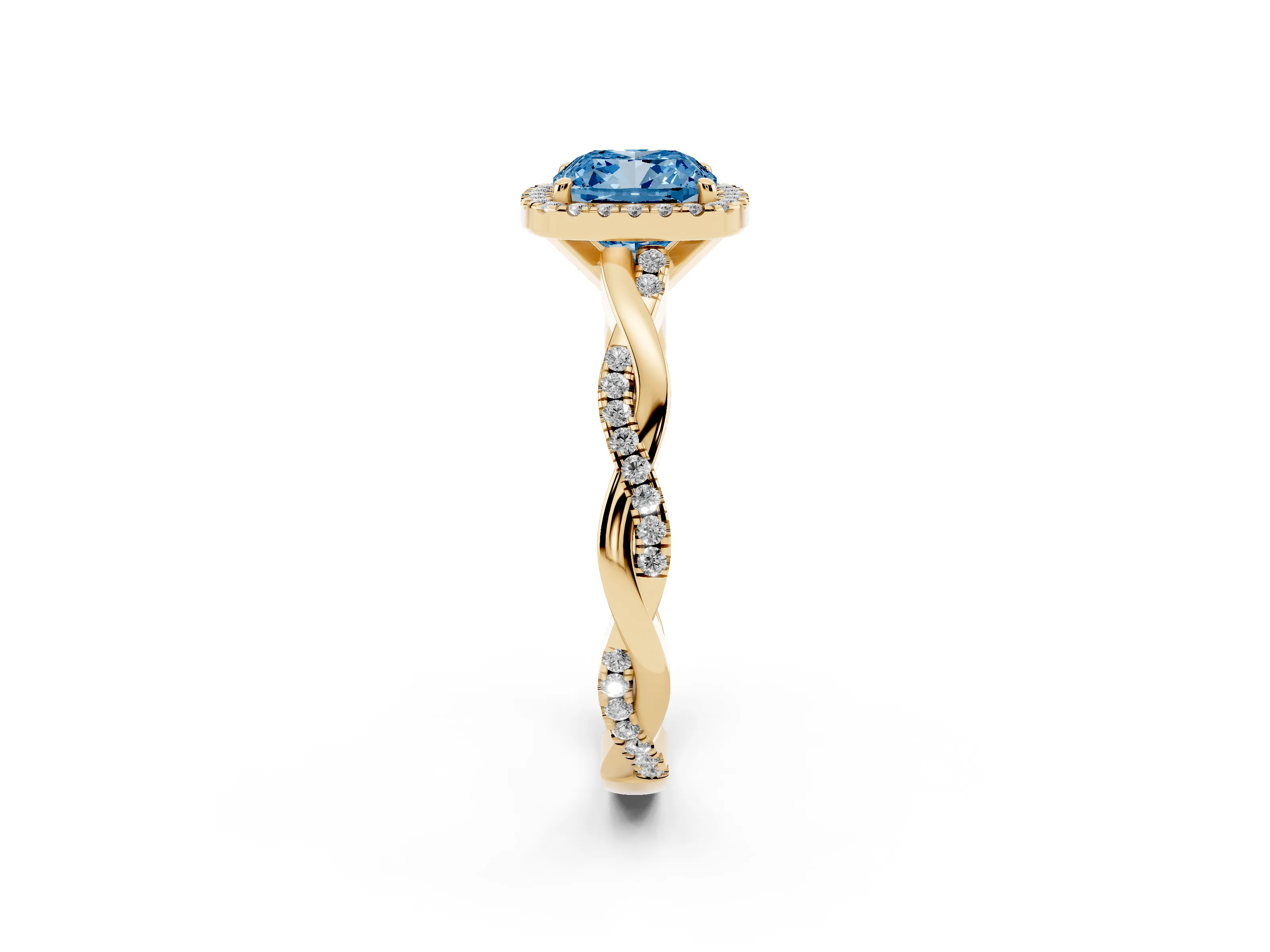 Fancy Blue Cushion Cut Diamond Halo Twisted Band Ring Set in Yellow gold with Prong Setting