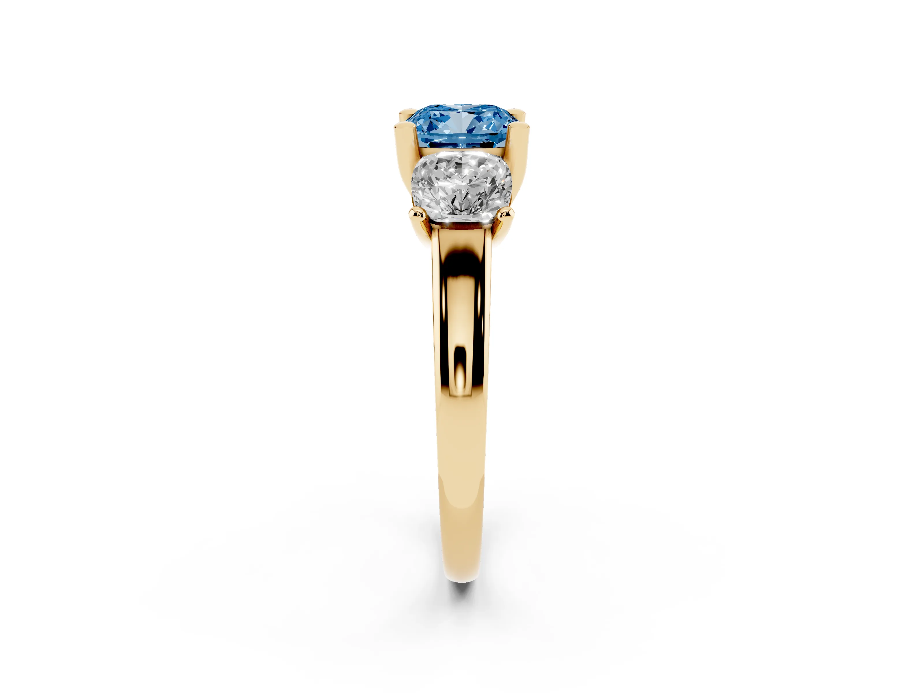 Fancy Blue Cushion Cut Diamond Three-Stone Ring Set in Yellow gold with Classic Prong Setting and Plain Band