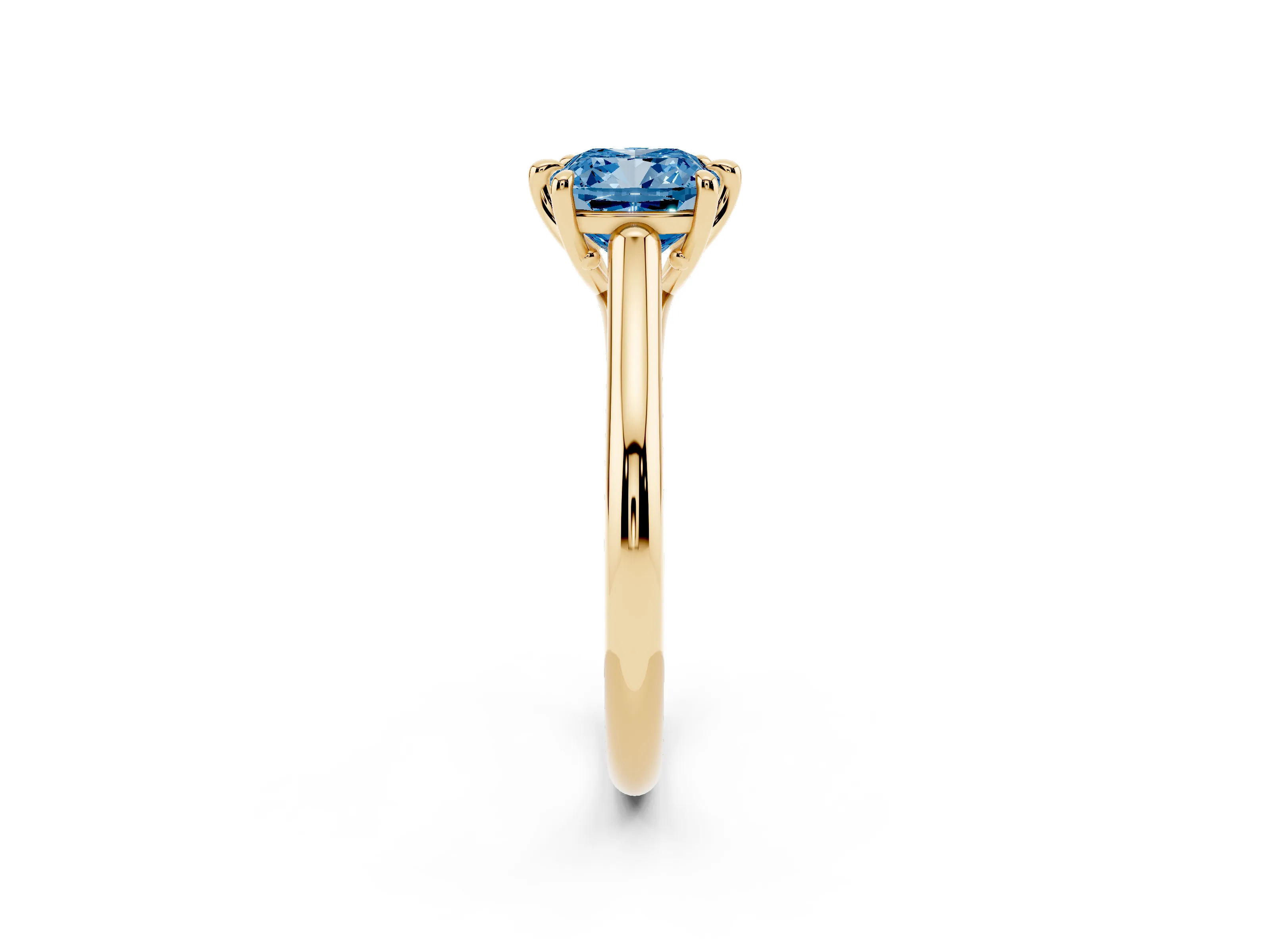 Fancy Blue Cushion Cut Diamond Solitaire Engagement Ring Set in Yellow gold with Prong Setting and Plain Classic Band
