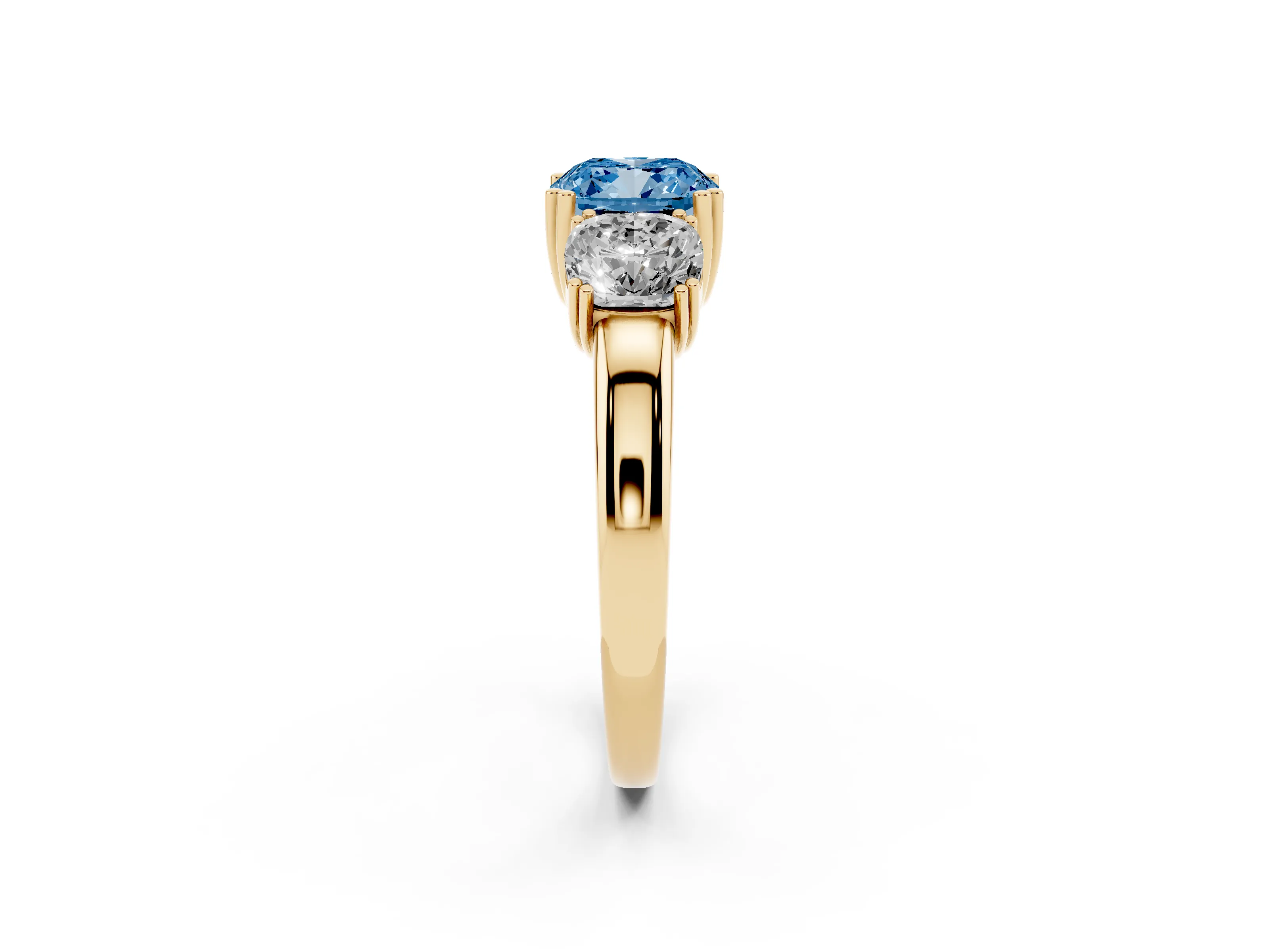 Fancy Blue Cushion Cut Diamond Three-Stone Ring Set in Yellow gold with Polished Band and Prong Setting