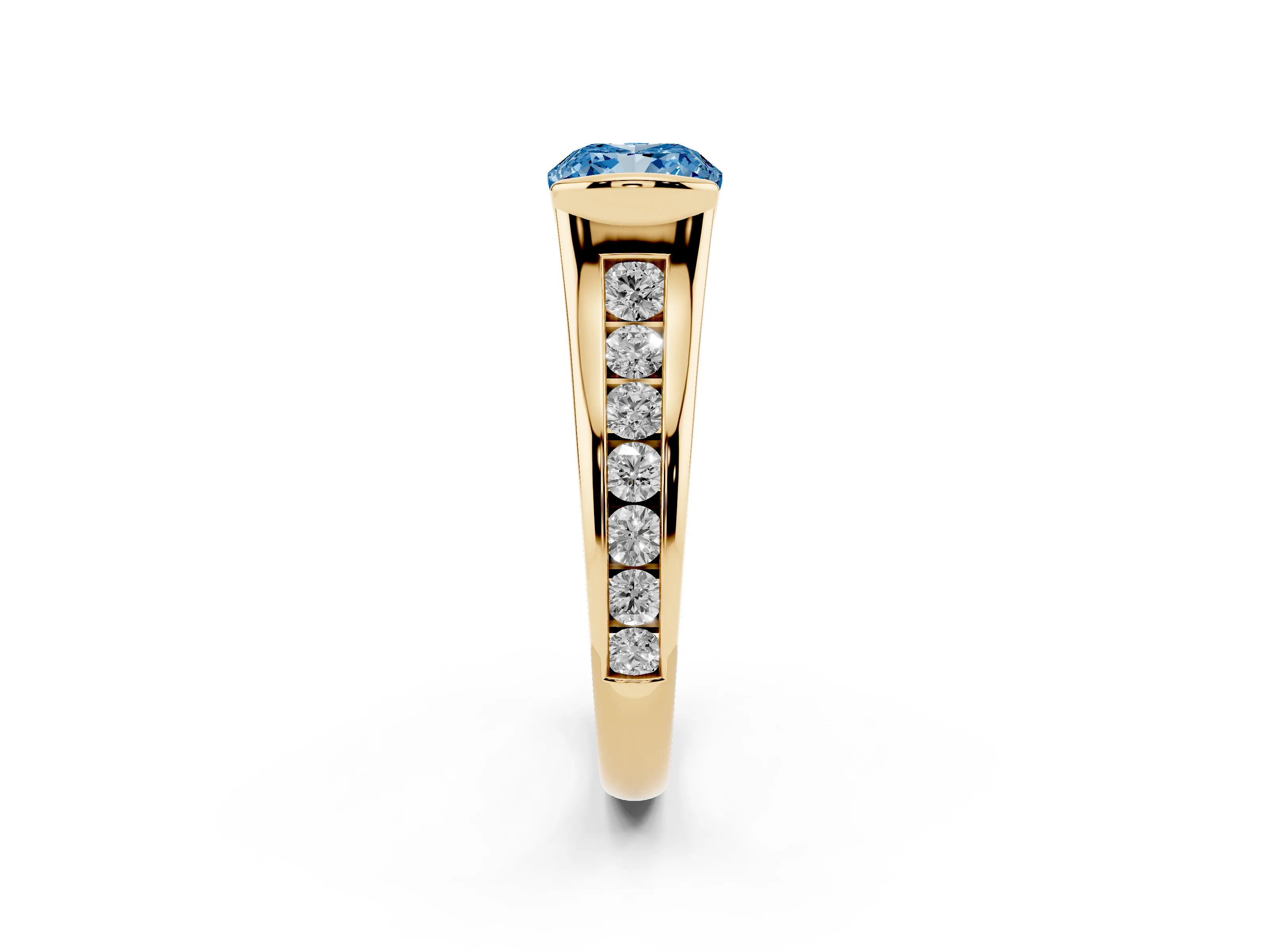 Fancy Blue Cushion Cut Diamond Bezel-Set Solitaire Ring Set in Yellow gold with Channel-Set Band