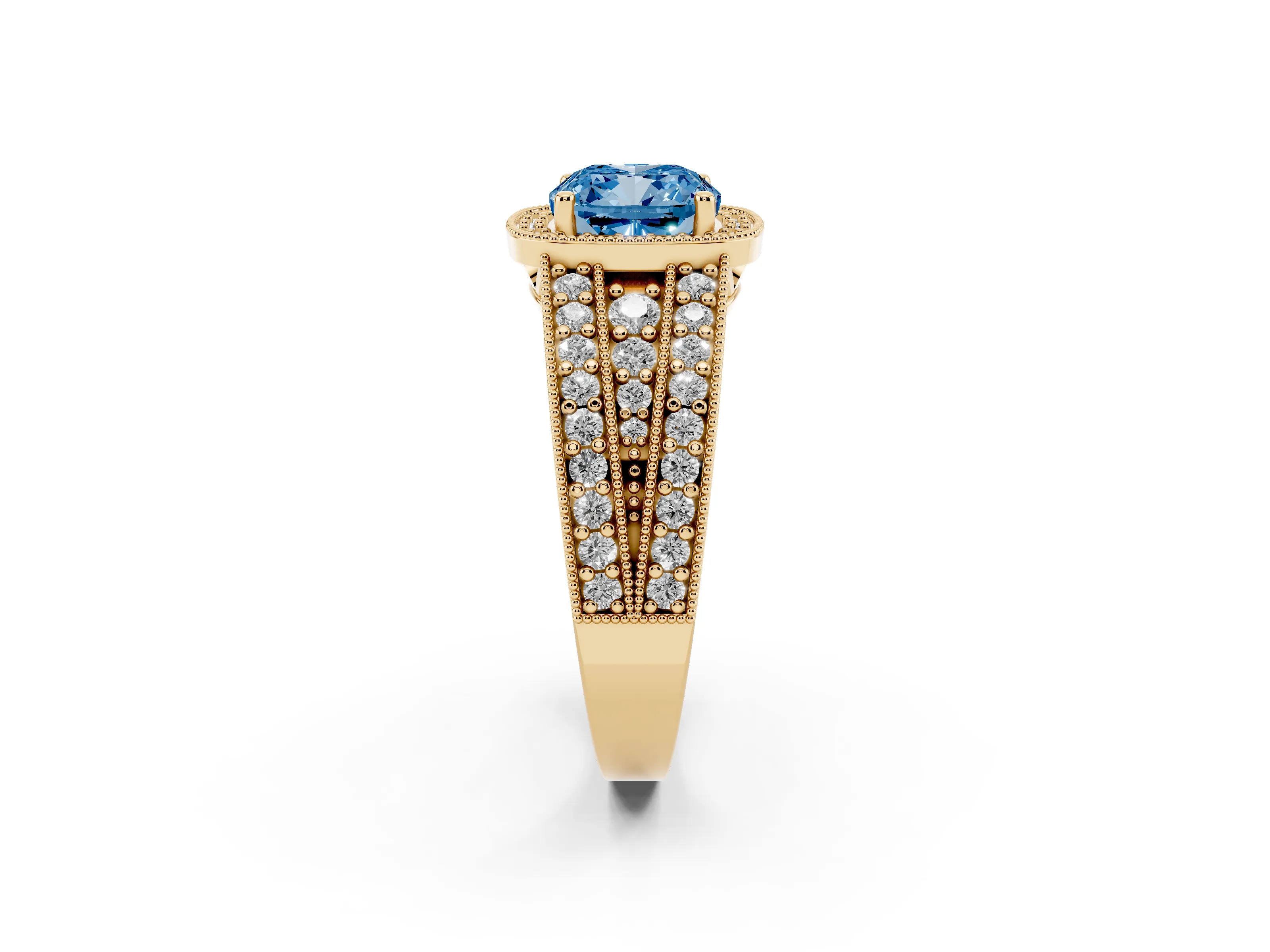 Fancy Blue Cushion Cut Diamond Halo Ring Set in Yellow gold with Accent Split Shank and Prong Setting
