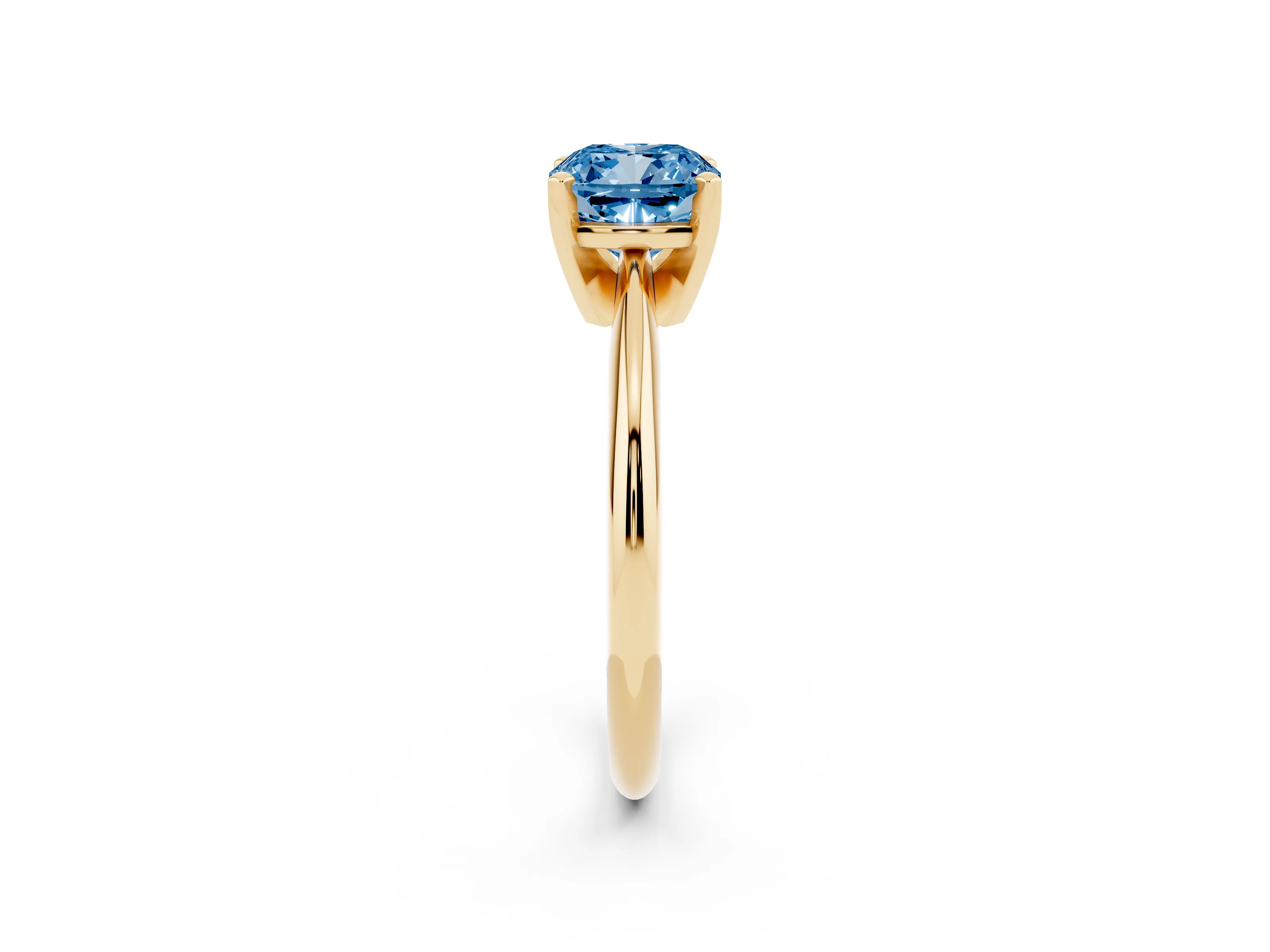 Fancy Blue Cushion Cut Diamond Solitaire Ring Set in Yellow gold with Prong Setting on a Plain Round Band