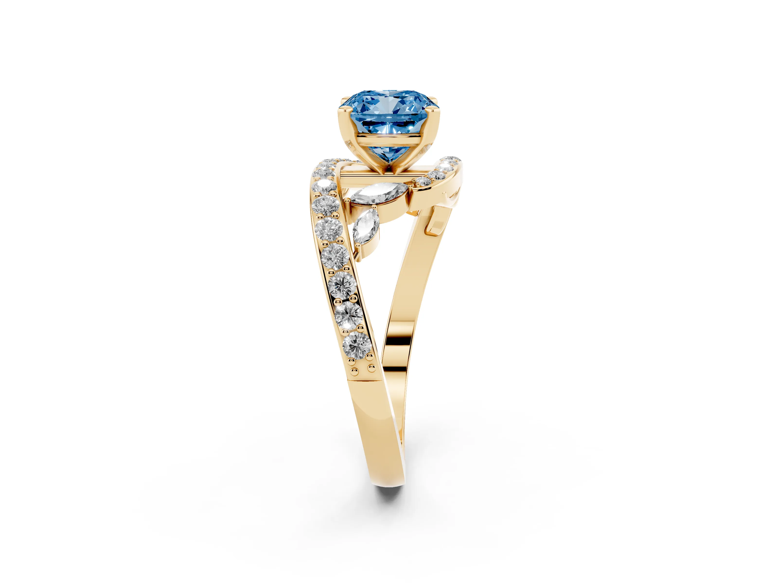 Fancy Blue Cushion Cut Diamond Solitaire Ring Set in Yellow gold with Pavé Twist Band and Secure Prong Setting