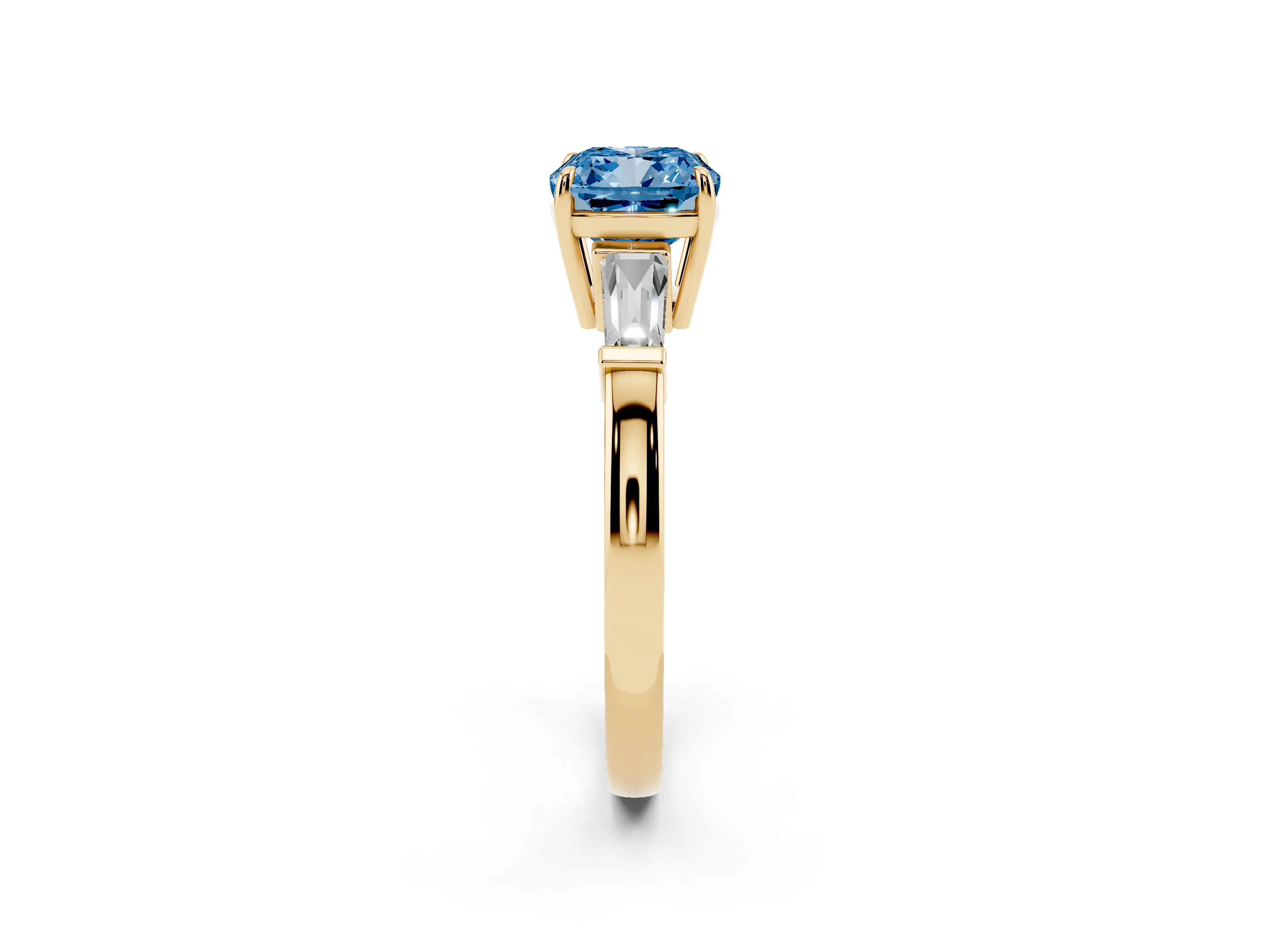 Fancy Blue Cushion Cut Diamond Three-Stone Ring Set in Yellow gold with Tapered Baguette Side Stones and Prong Setting