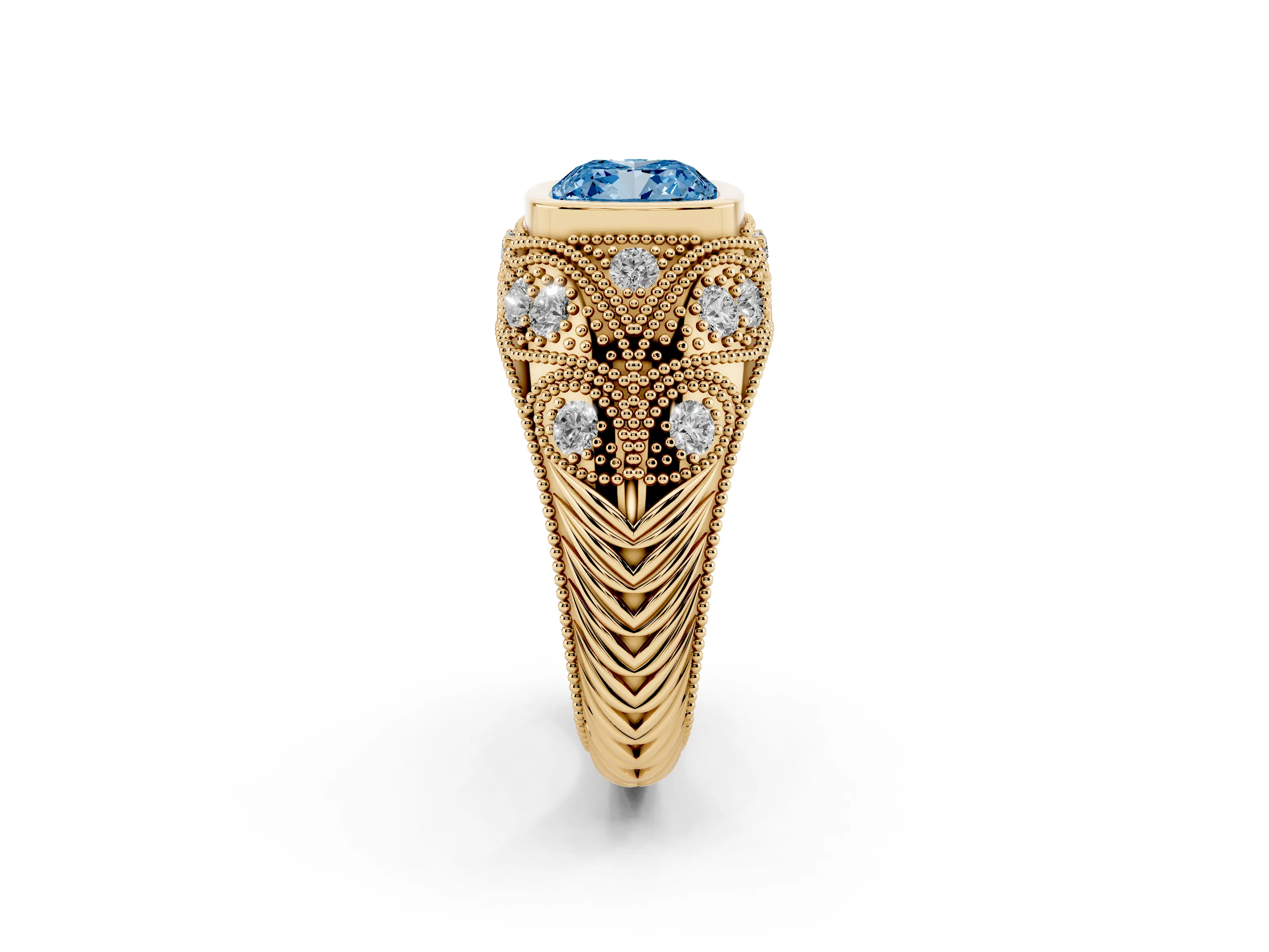 Fancy Blue Cushion Cut Diamond Bezel Ring Set in Yellow gold with Milgrain Accent Band