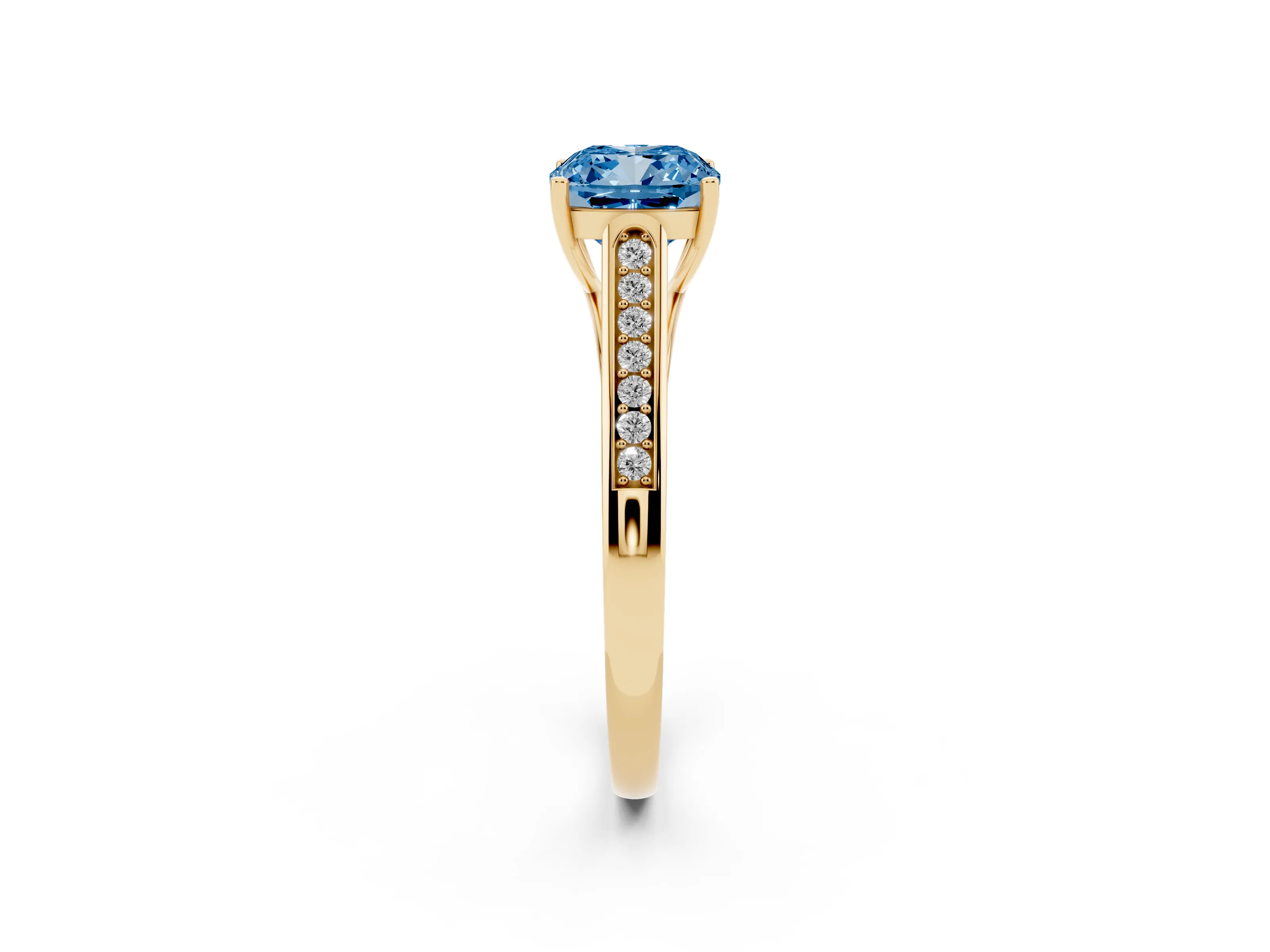Fancy Blue Cushion Cut Diamond Solitaire Cathedral Engagement Ring Set in Yellow gold with Channel-Set Band and Prong Setting