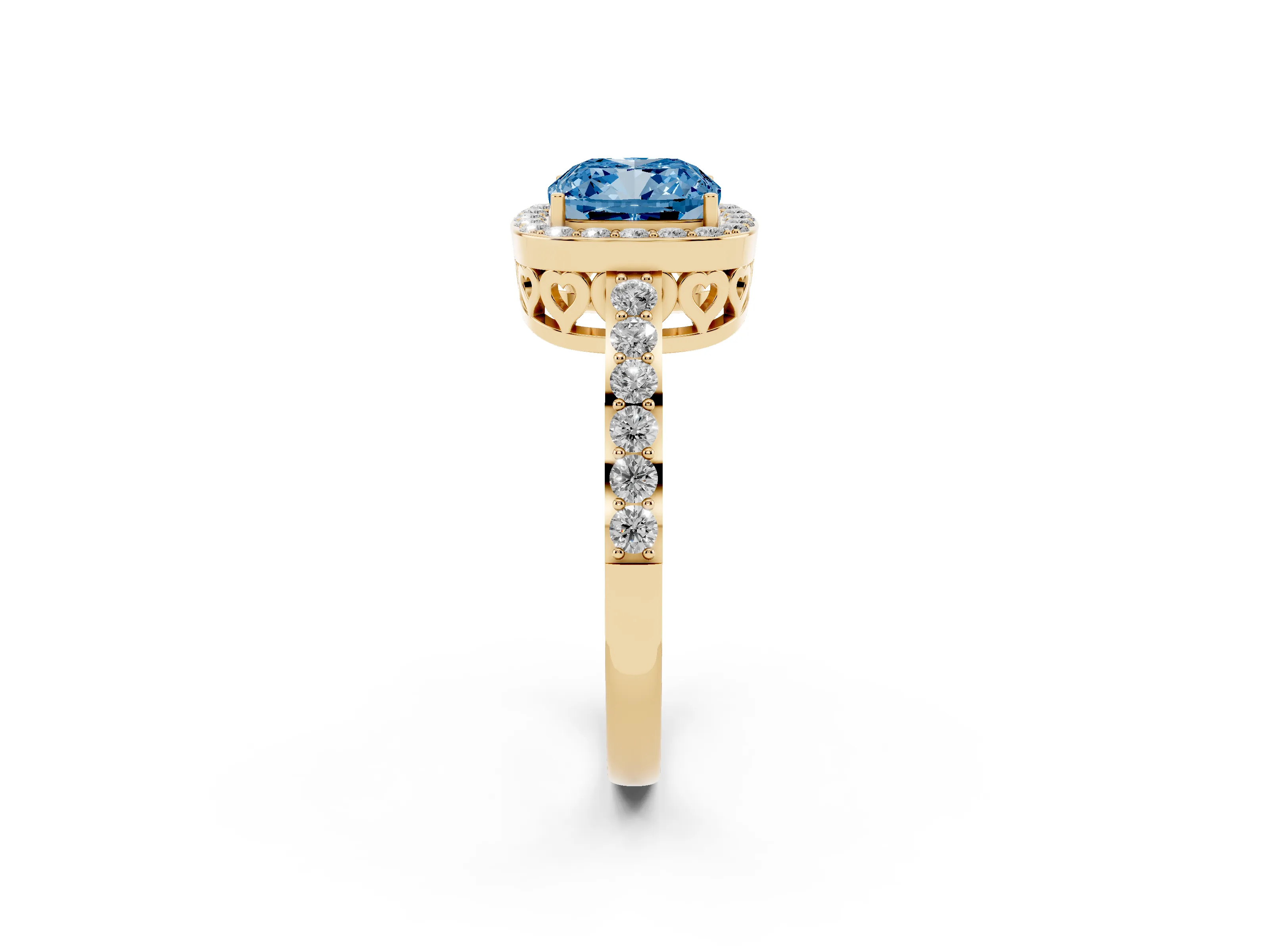 Fancy Blue Cushion Cut Diamond Halo Ring Set in Yellow gold with Pavé-Setting Band and Open Prong Center