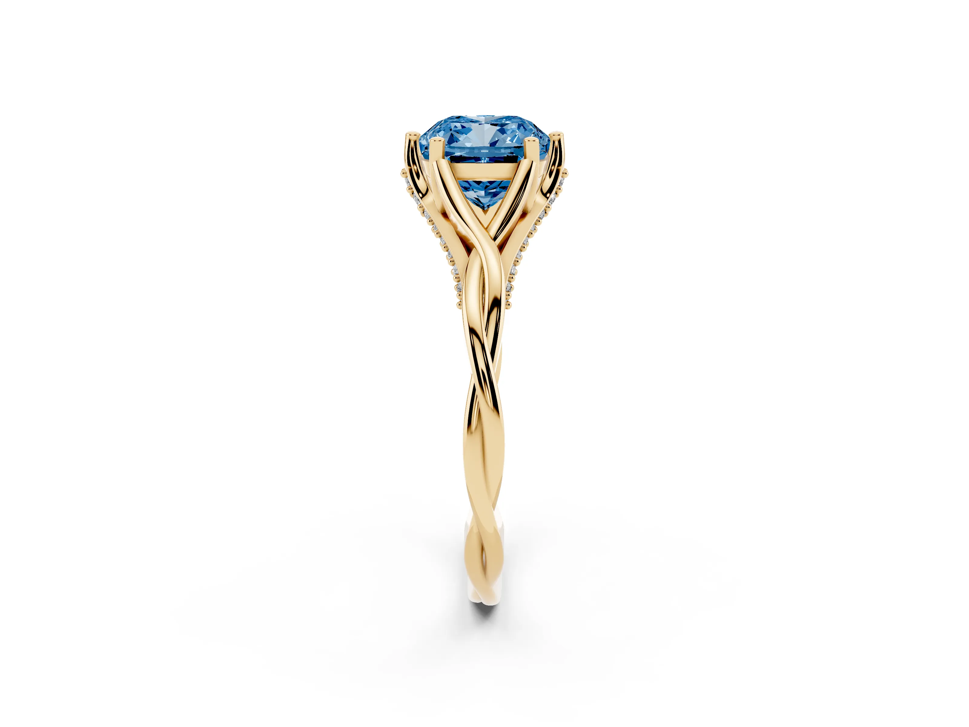 Fancy Blue Cushion Cut Diamond Intertwined Twist Band Solitaire Ring Set in Yellow gold with Prong Setting
