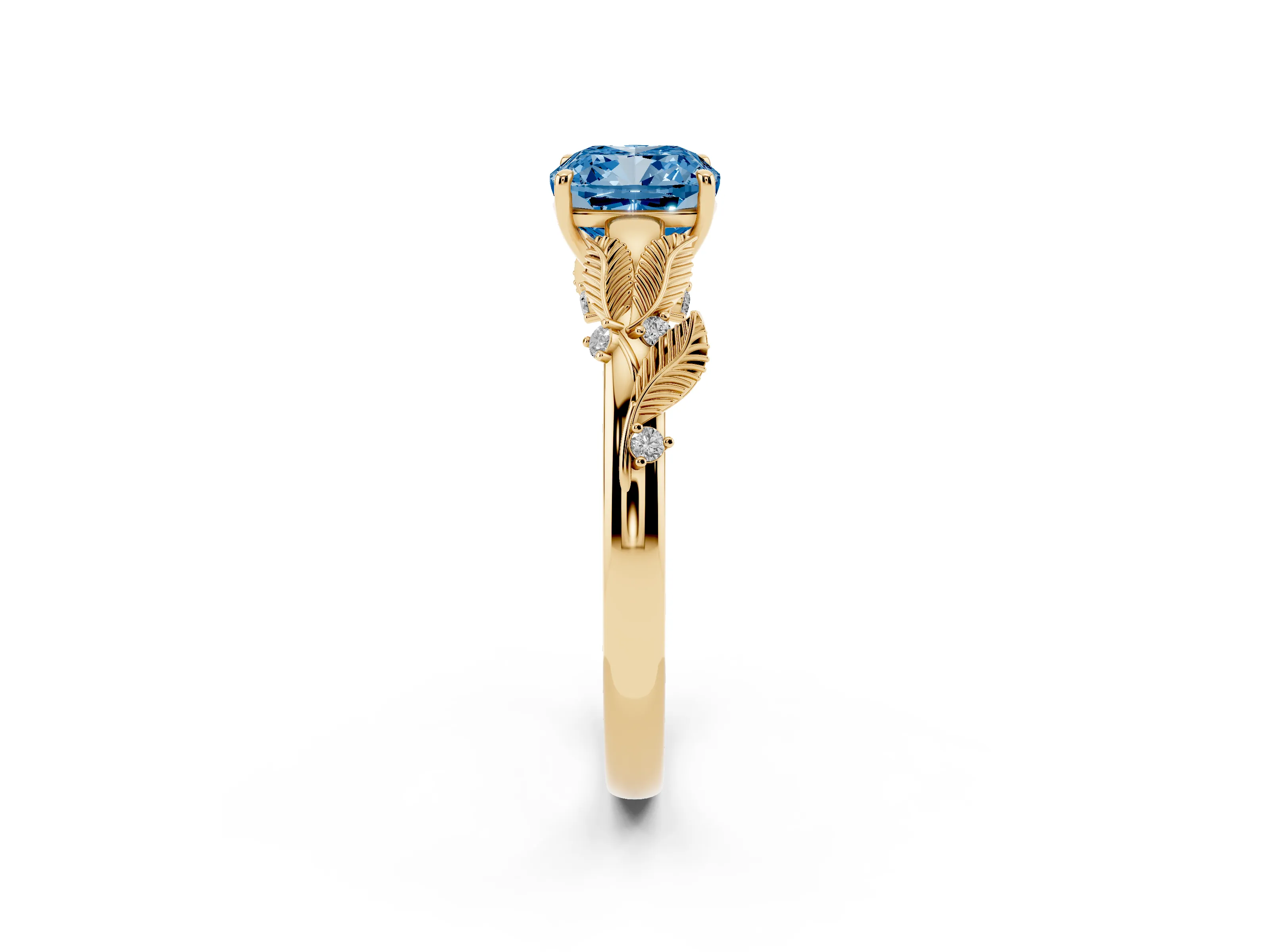 Fancy Blue Cushion Cut Diamond Solitaire Ring Set in Yellow gold with Leaf Motif Band