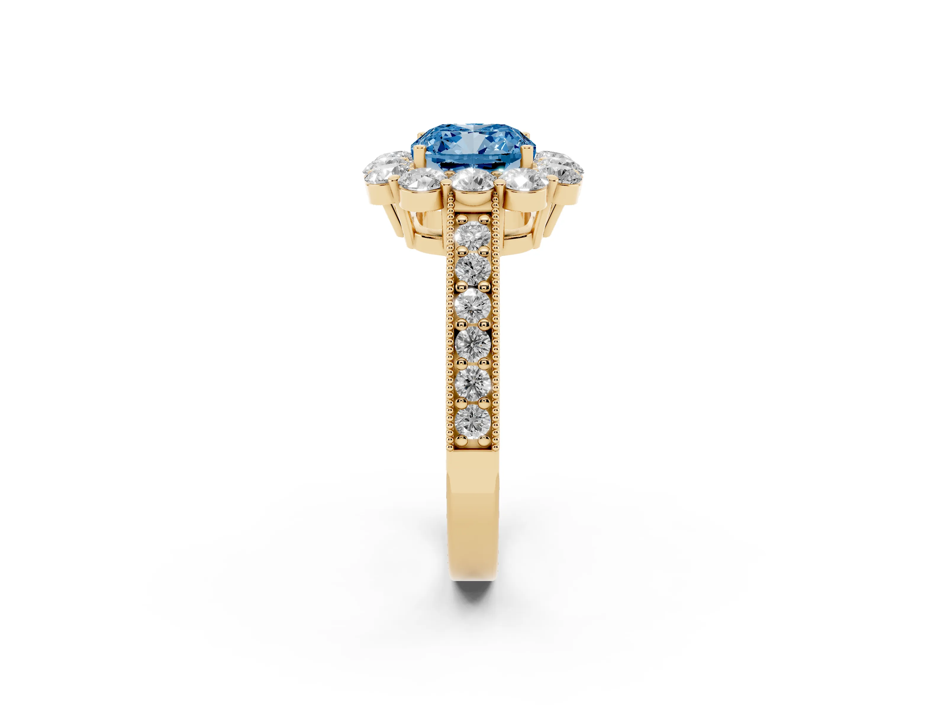 Fancy Blue Cushion Cut Diamond Halo Pavé Engagement Ring Set in Yellow gold with Milgrain Detailing