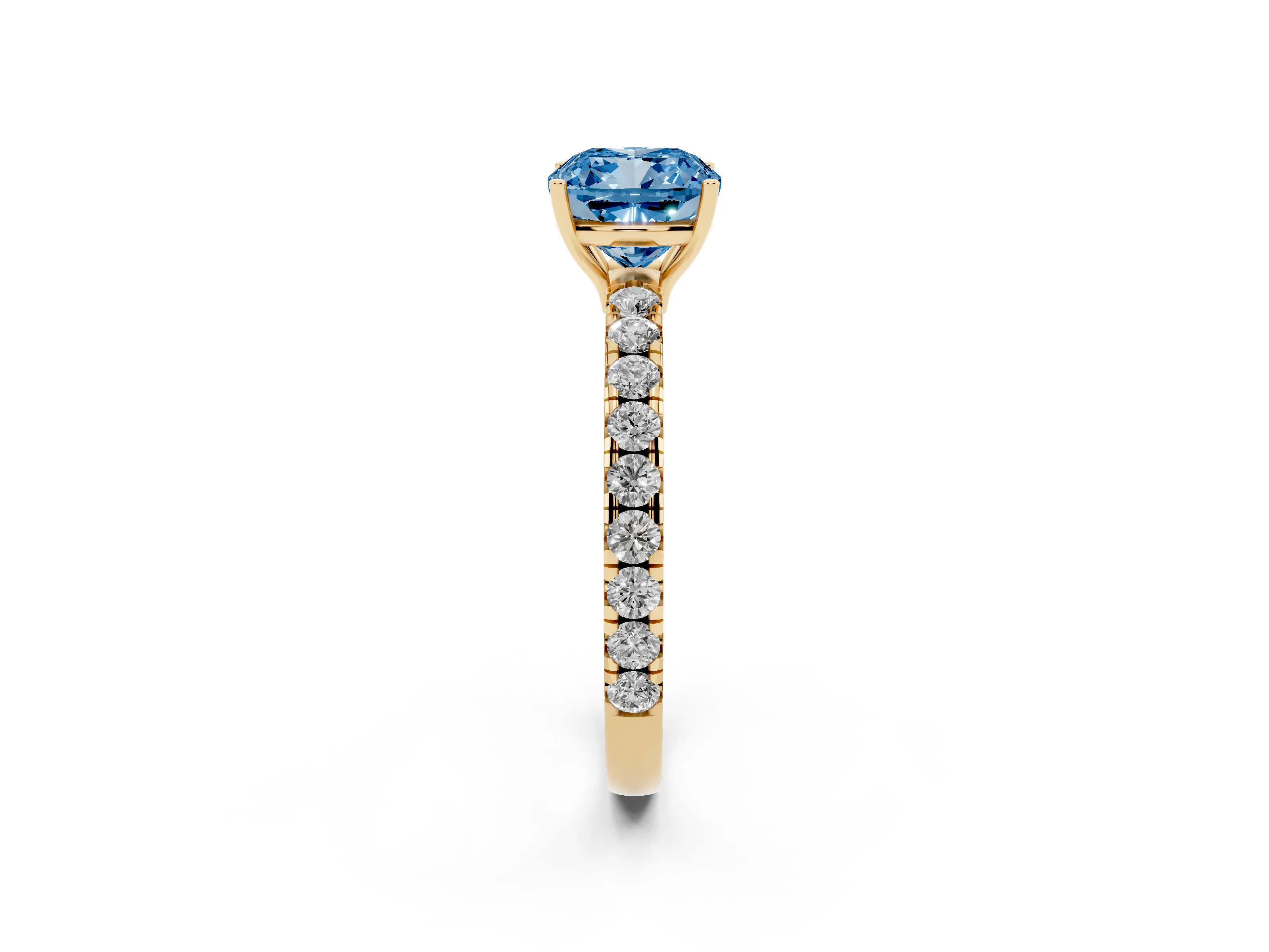 Fancy Blue Cushion Cut Diamond Pavé Solitaire Engagement Ring Set in Yellow gold with Prong Setting