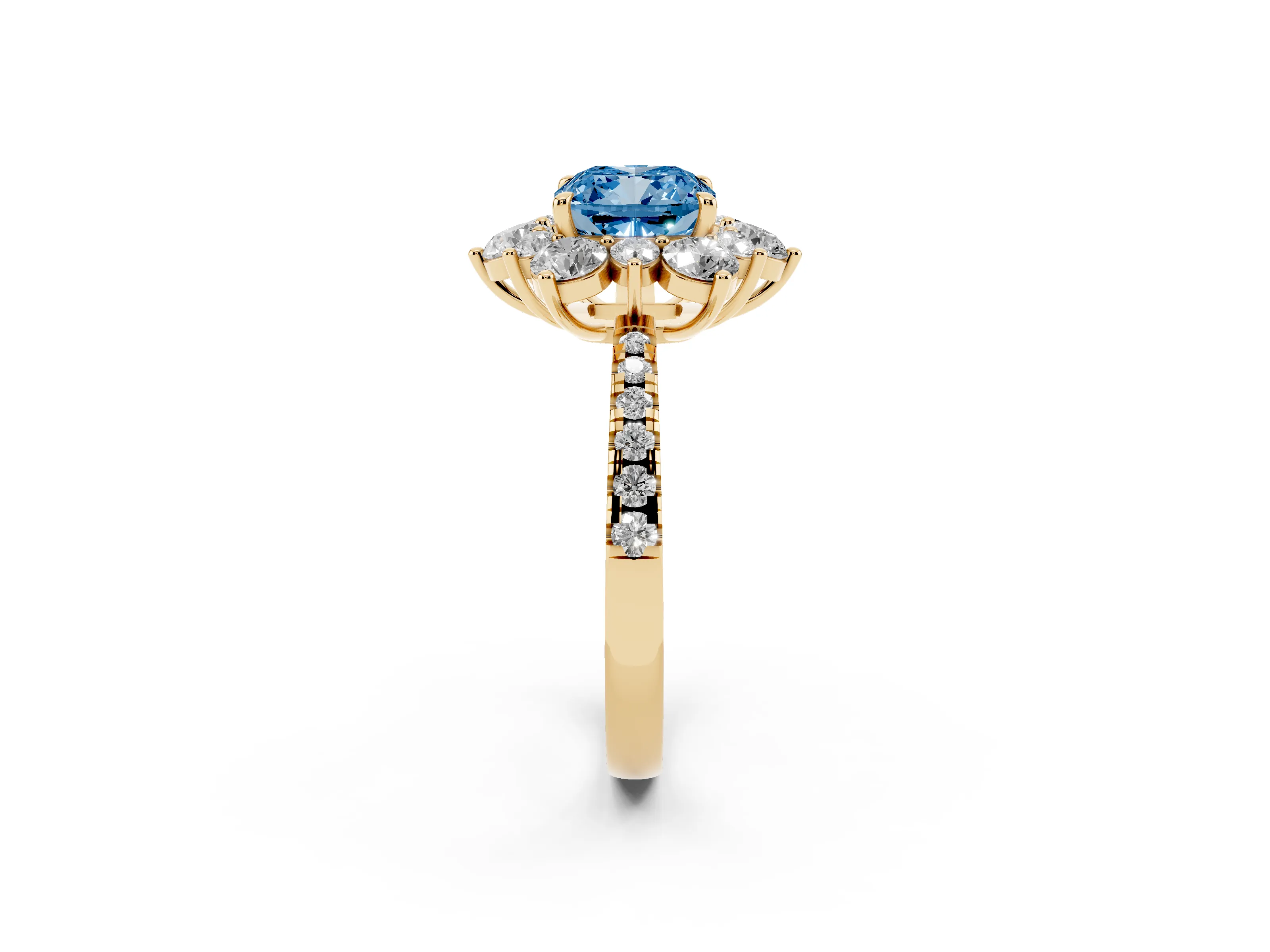 Fancy Blue Cushion Cut Diamond Floral Halo Ring Set in Yellow gold with Round Pavé Band and Prong Setting