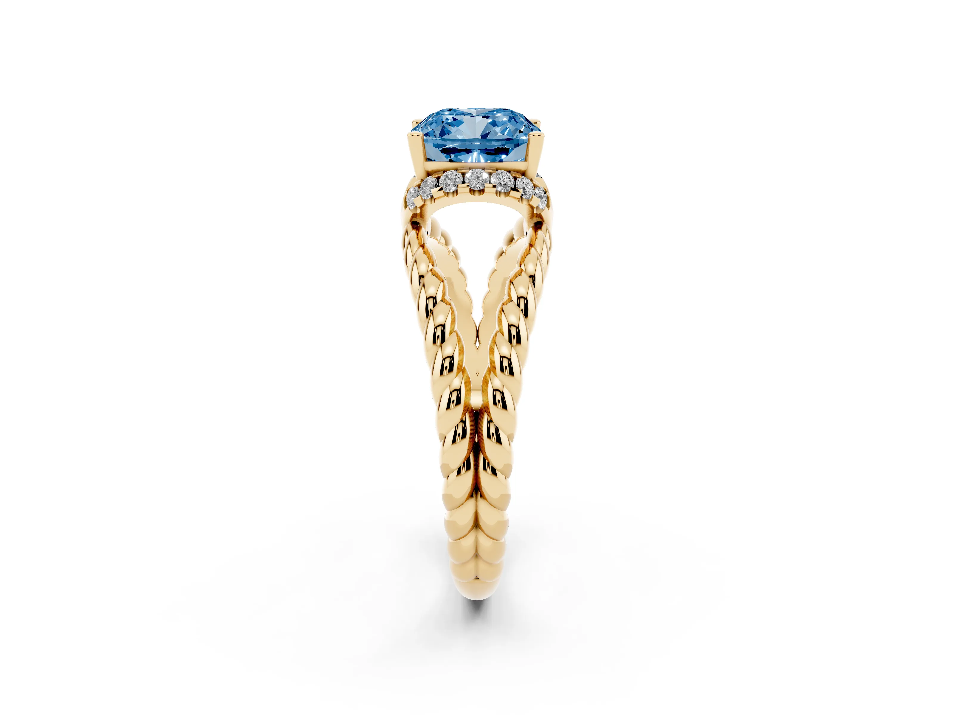 Fancy Blue Cushion Cut Diamond Halo Ring Set in Yellow gold with Twisted Band and Prong Setting