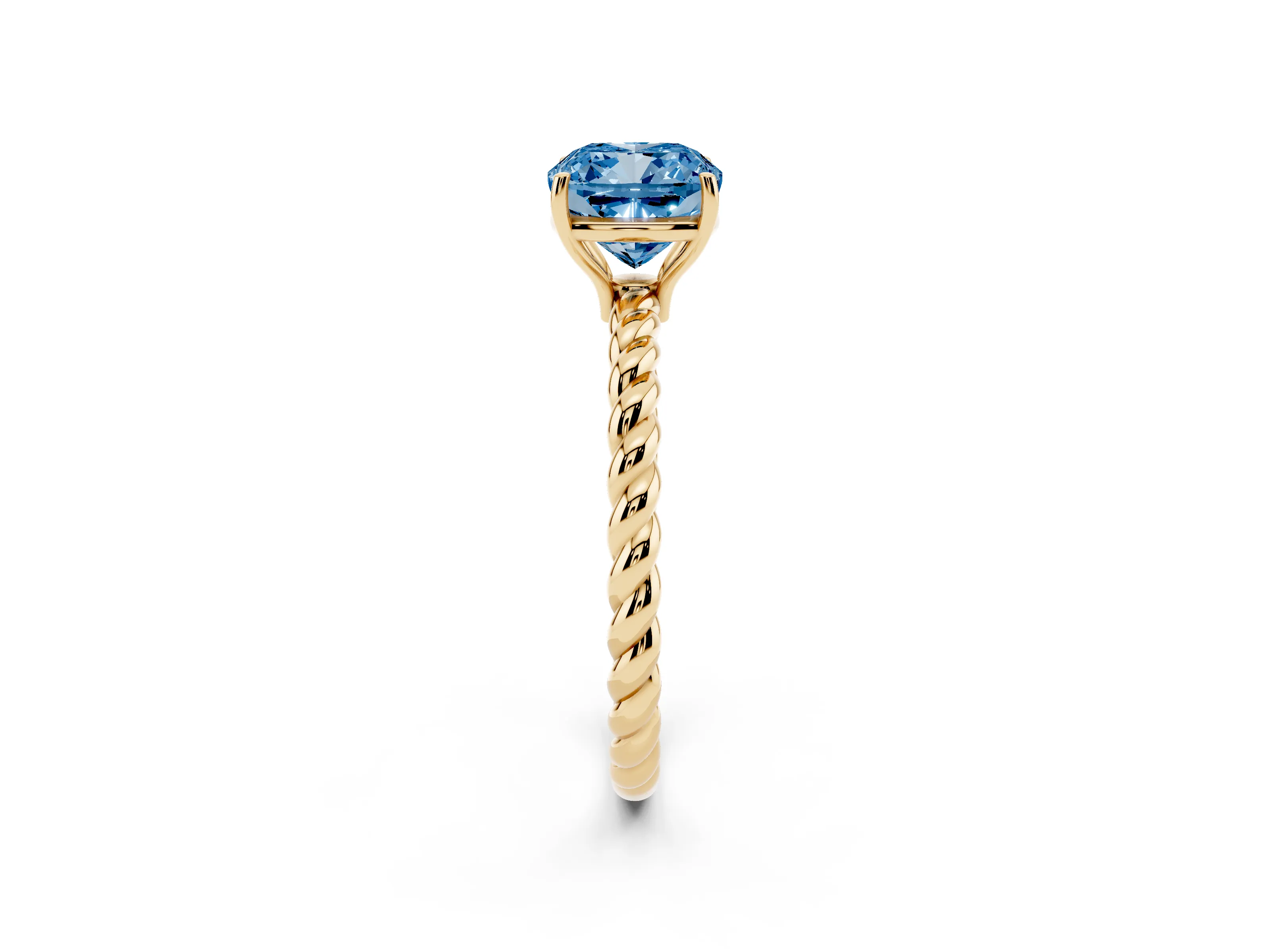 Fancy Blue Cushion Cut Diamond Solitaire Ring Set in Yellow gold with Twist Band and Prong Setting