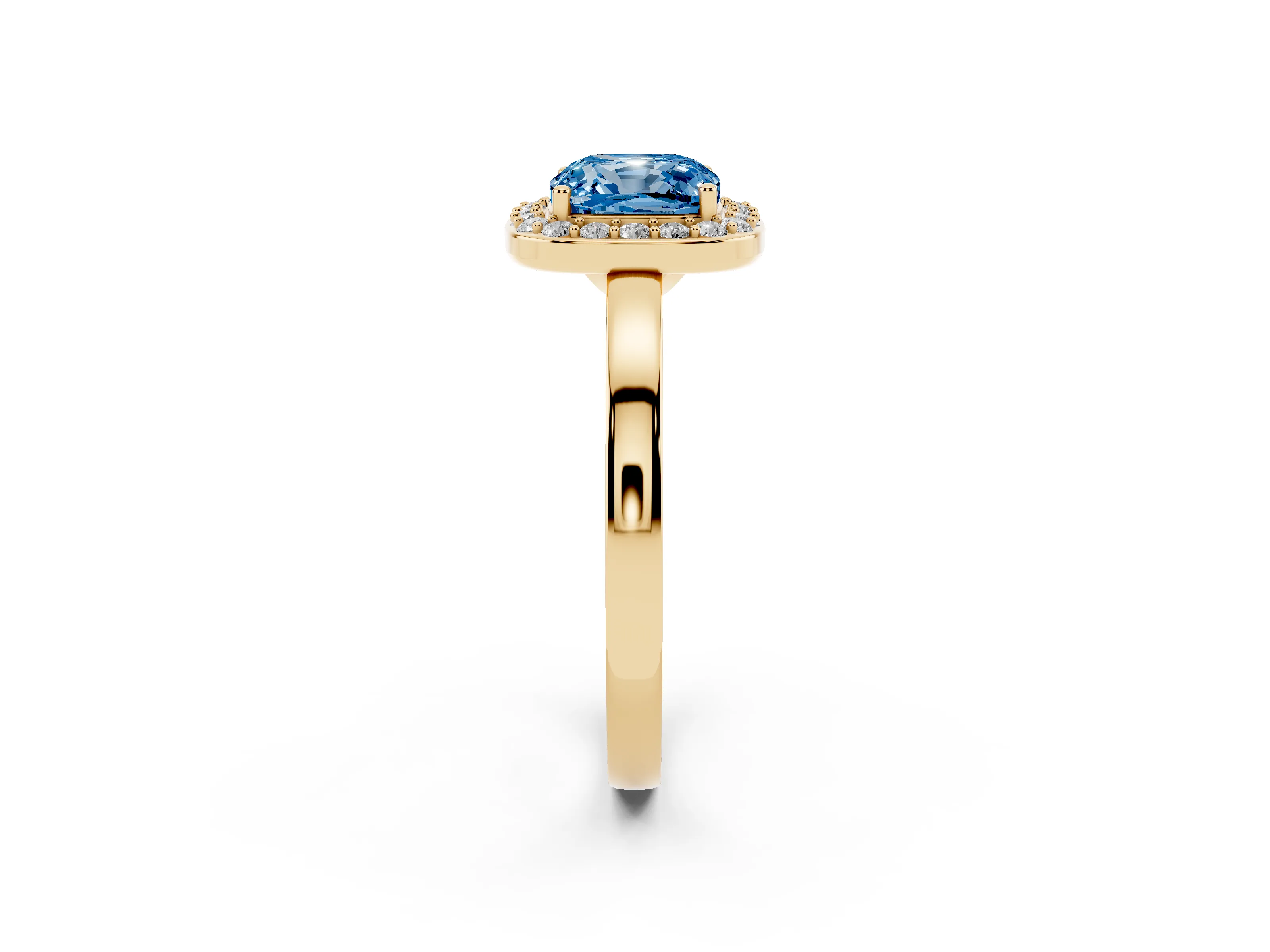 Fancy Blue Cushion Cut Diamond Halo Ring Set in Yellow gold with Solitaire Band and Prong Setting