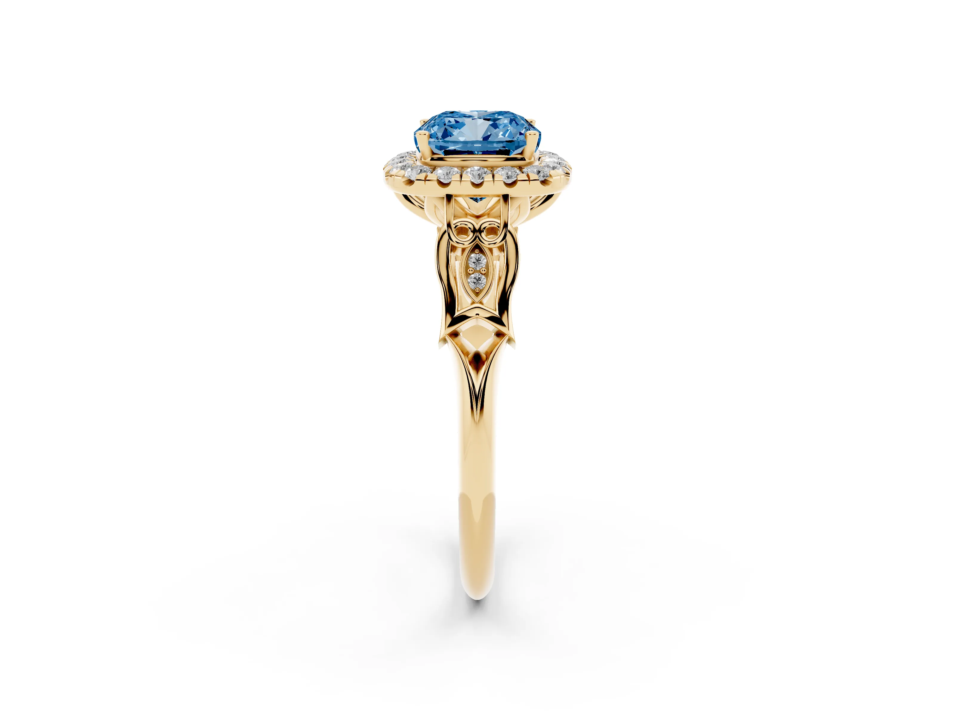 Fancy Blue Cushion Cut Diamond Halo Engagement Ring Set in Yellow gold with Filigree Band and Prong-Set Center
