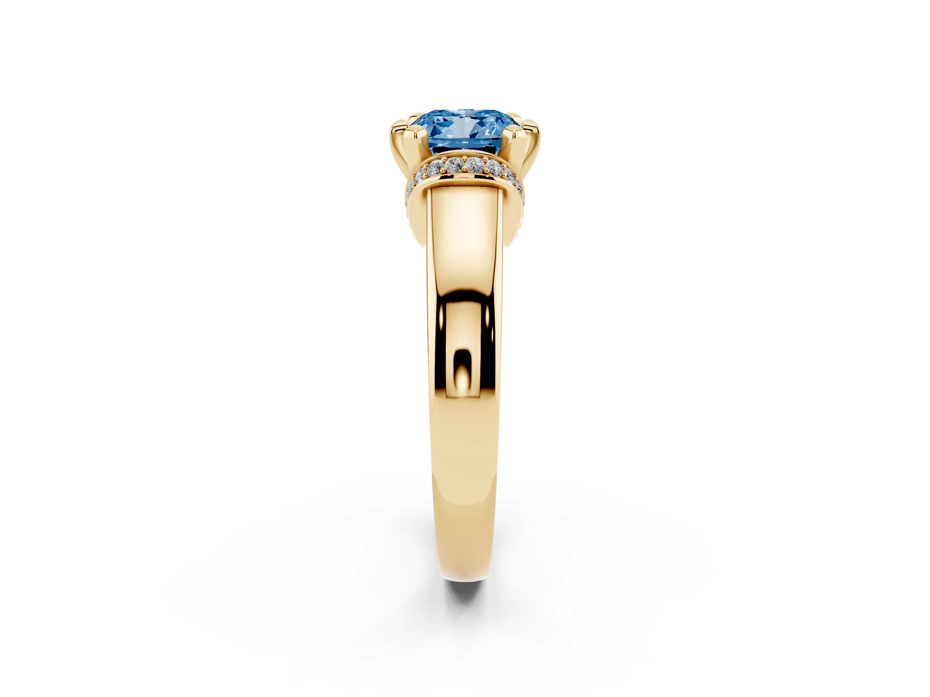 Fancy Blue Cushion Cut Diamond Pavé Band Solitaire Ring Set in Yellow gold with Prong Setting
