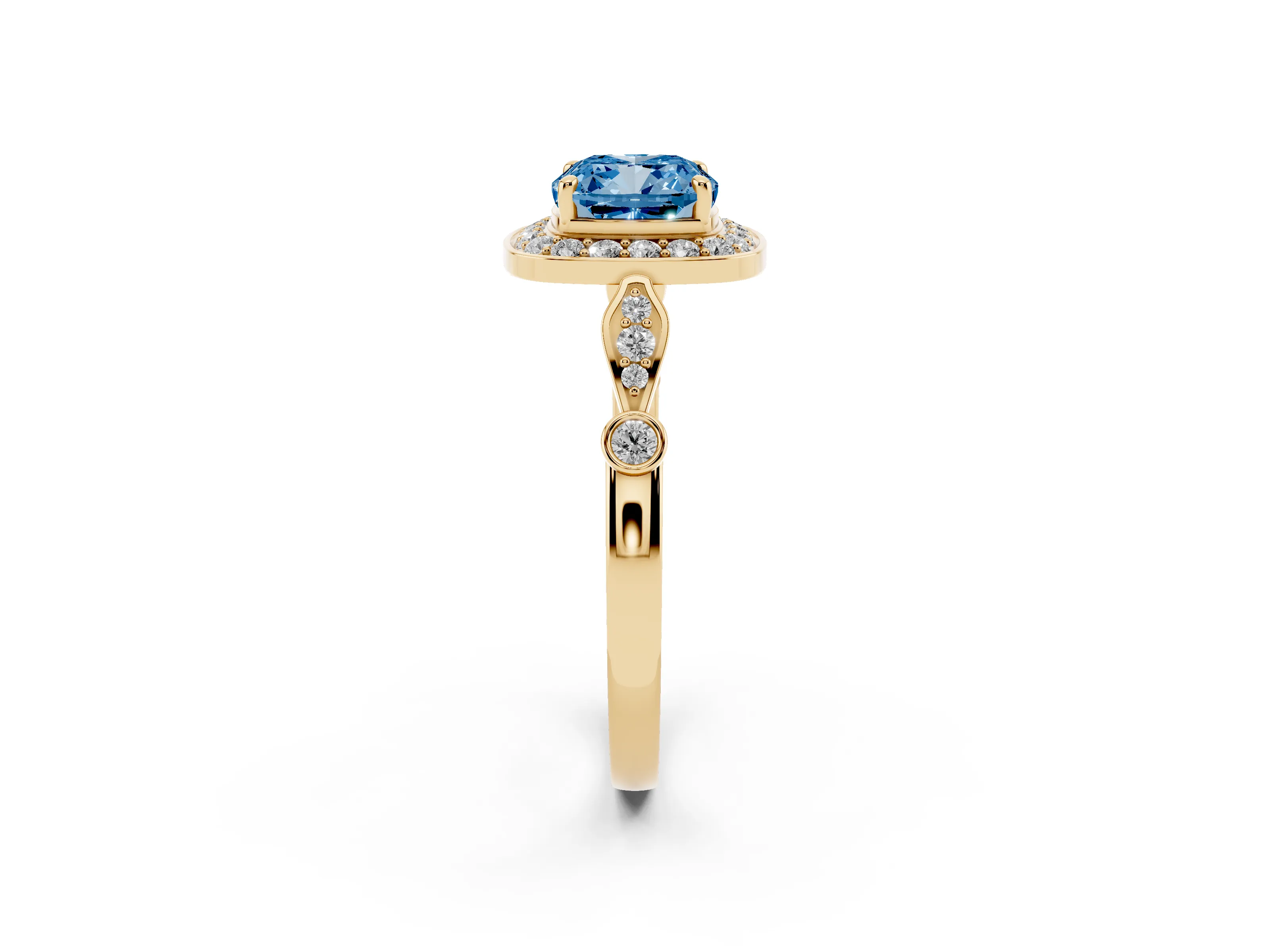 Fancy Blue Cushion Cut Diamond Halo Engagement Ring Set in Yellow gold with Twisted Band and Prong Setting