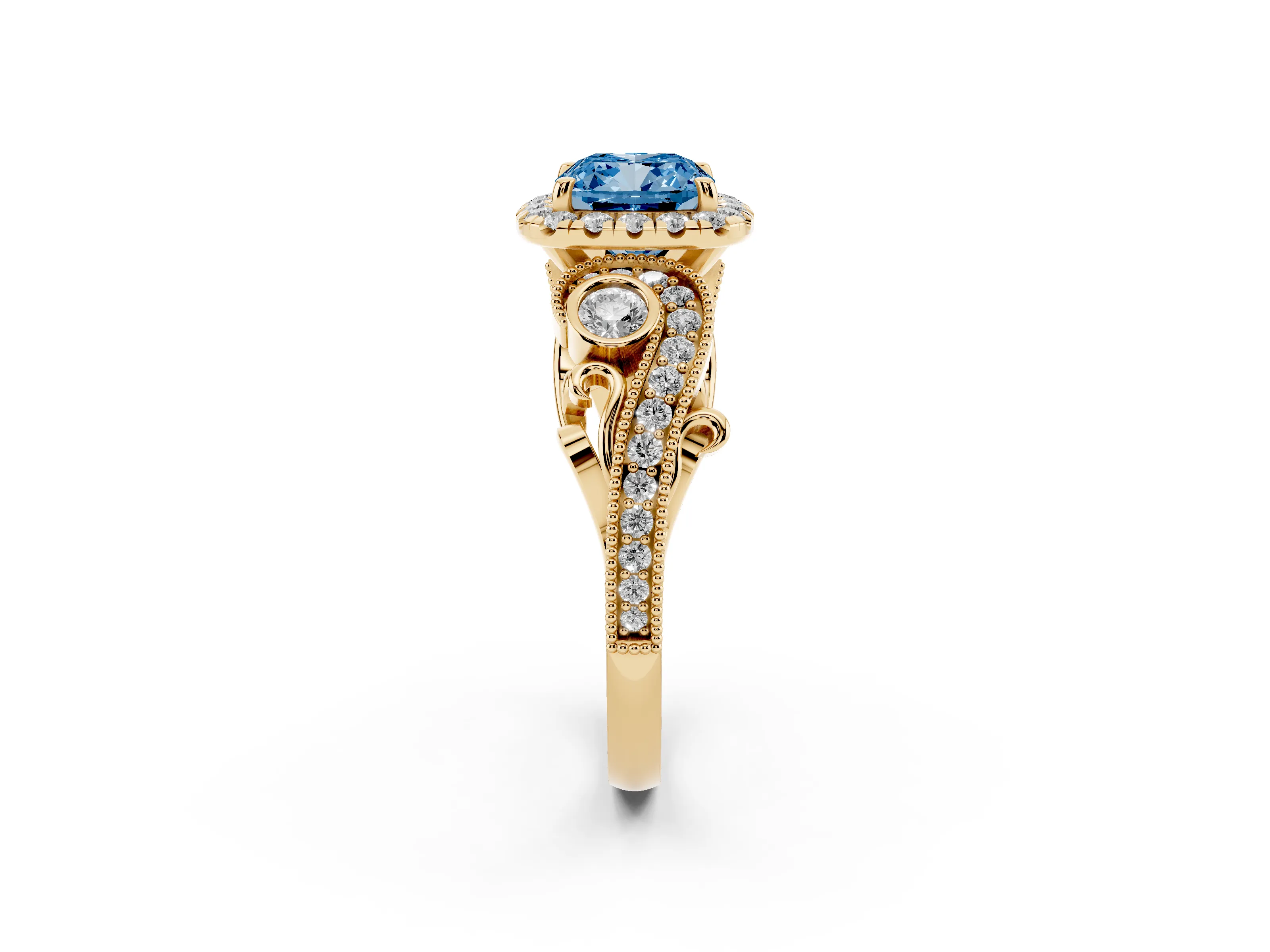 Fancy Blue Cushion Cut Diamond Halo Ring Set in Yellow gold with Milgrain Pavé Band and Prong Setting