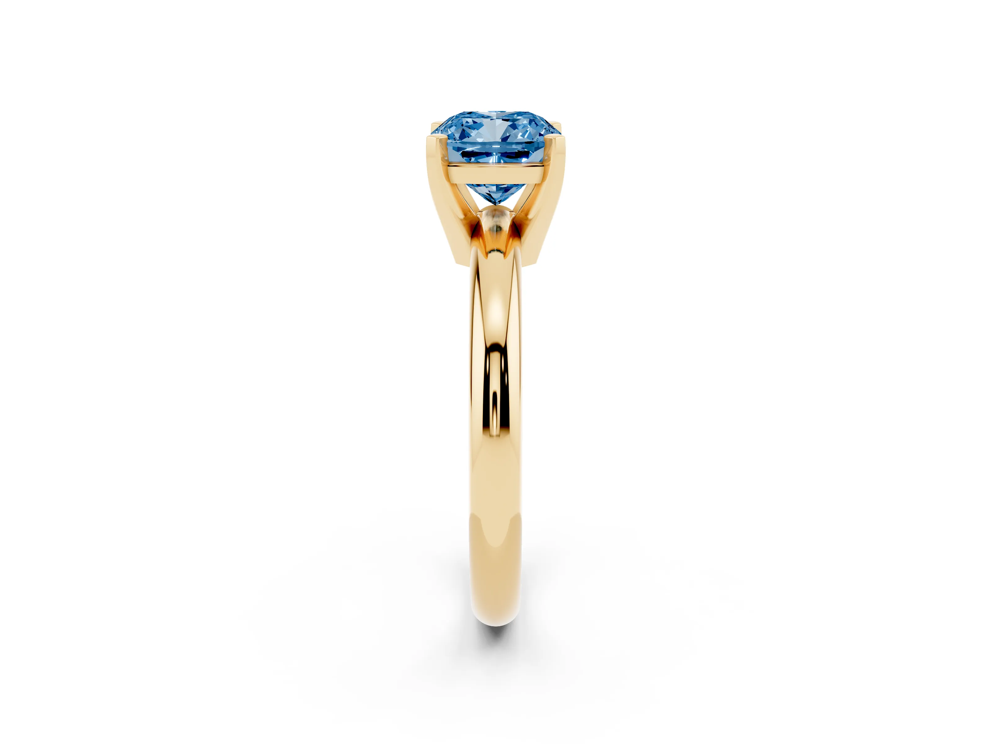 Fancy Blue Cushion Cut Diamond Solitaire Engagement Ring Set in Yellow gold with Round Band and Prong Setting