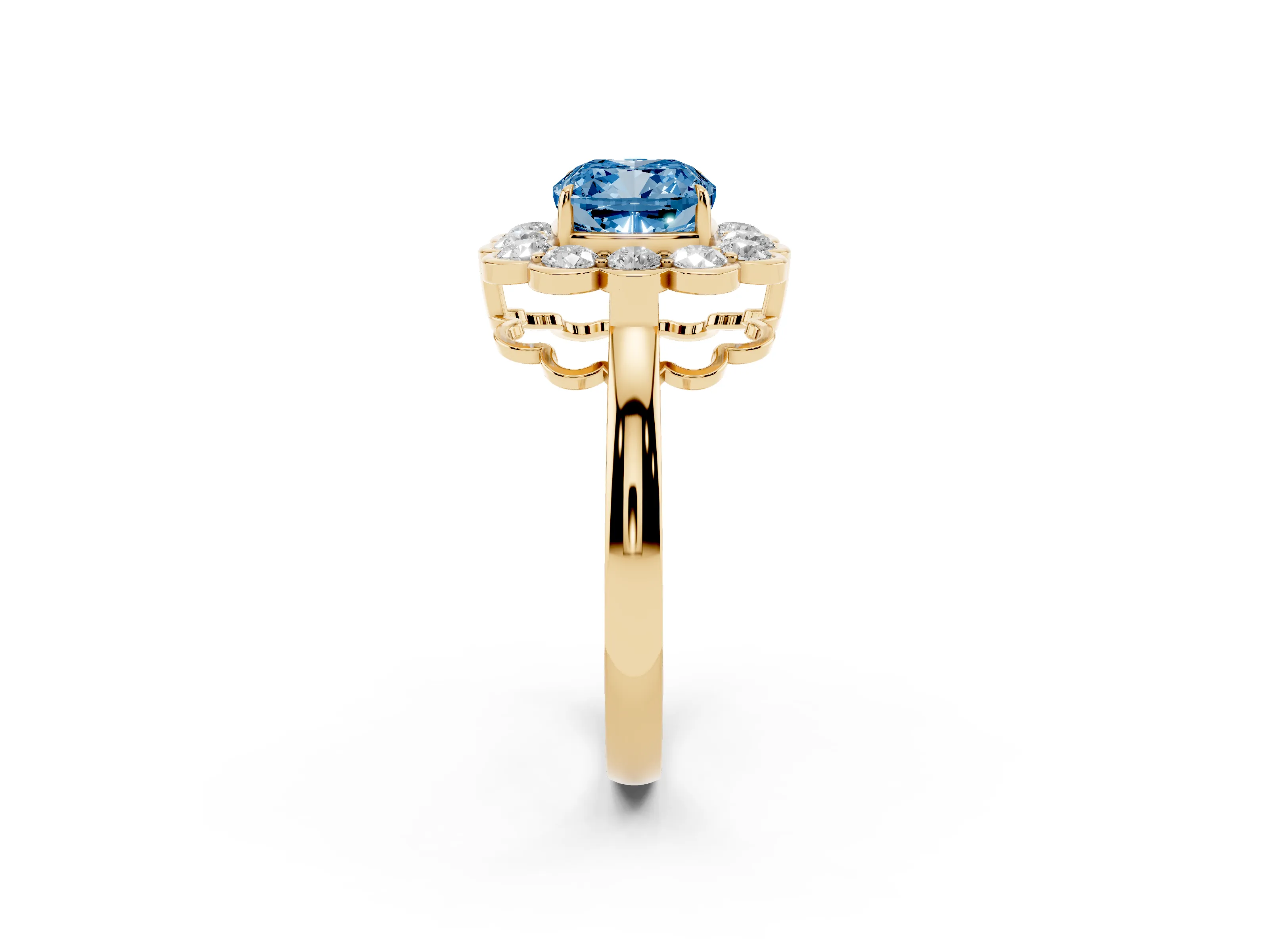 Fancy Blue Cushion Cut Diamond Halo Cluster Engagement Ring Set in Yellow gold with Solitaire Band and Prong Setting