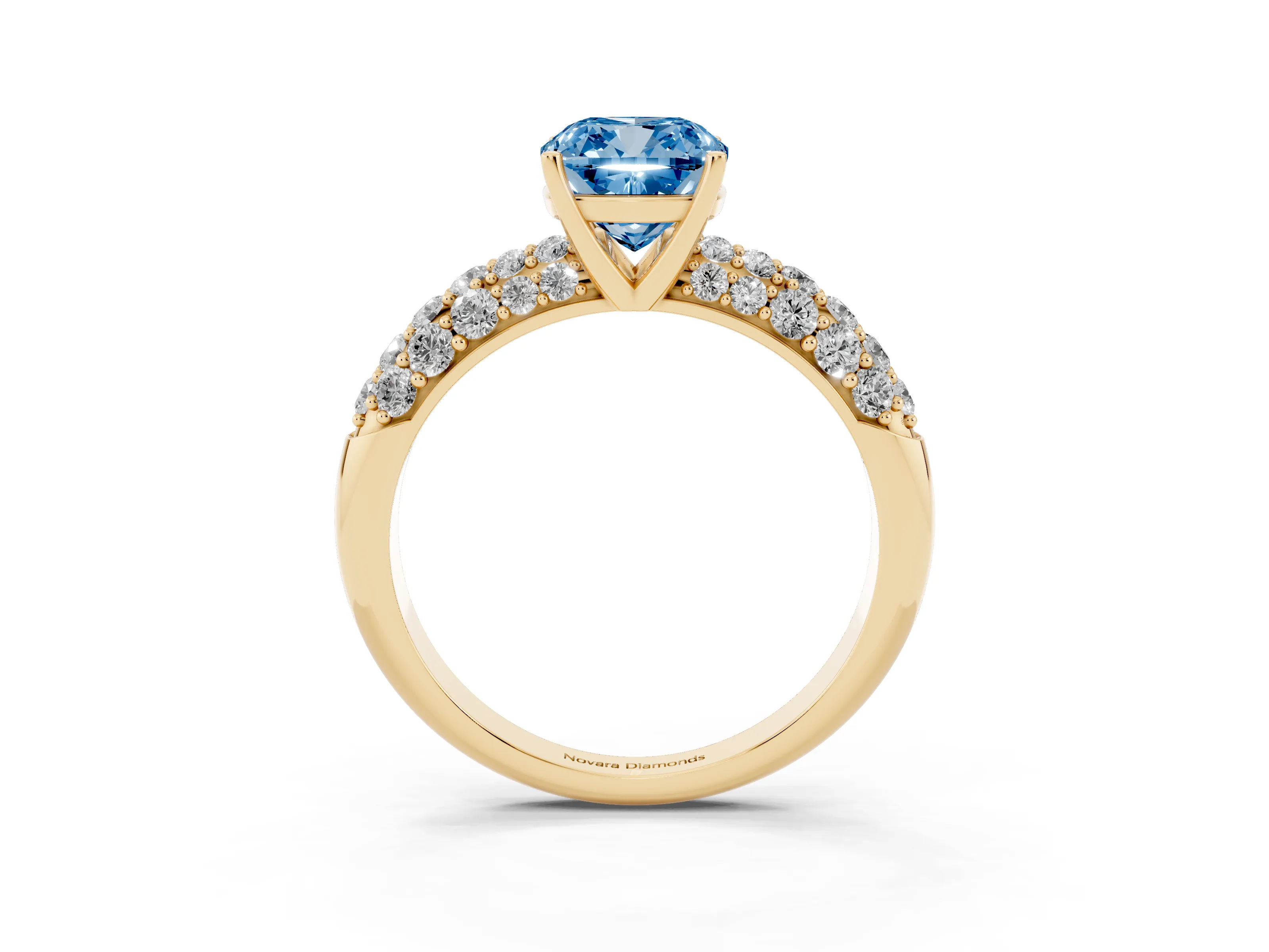 Fancy Blue Cushion Cut Diamond Pavé Band Solitaire Ring Set in Yellow gold with Close-Set Accent Stones and Prong Setting