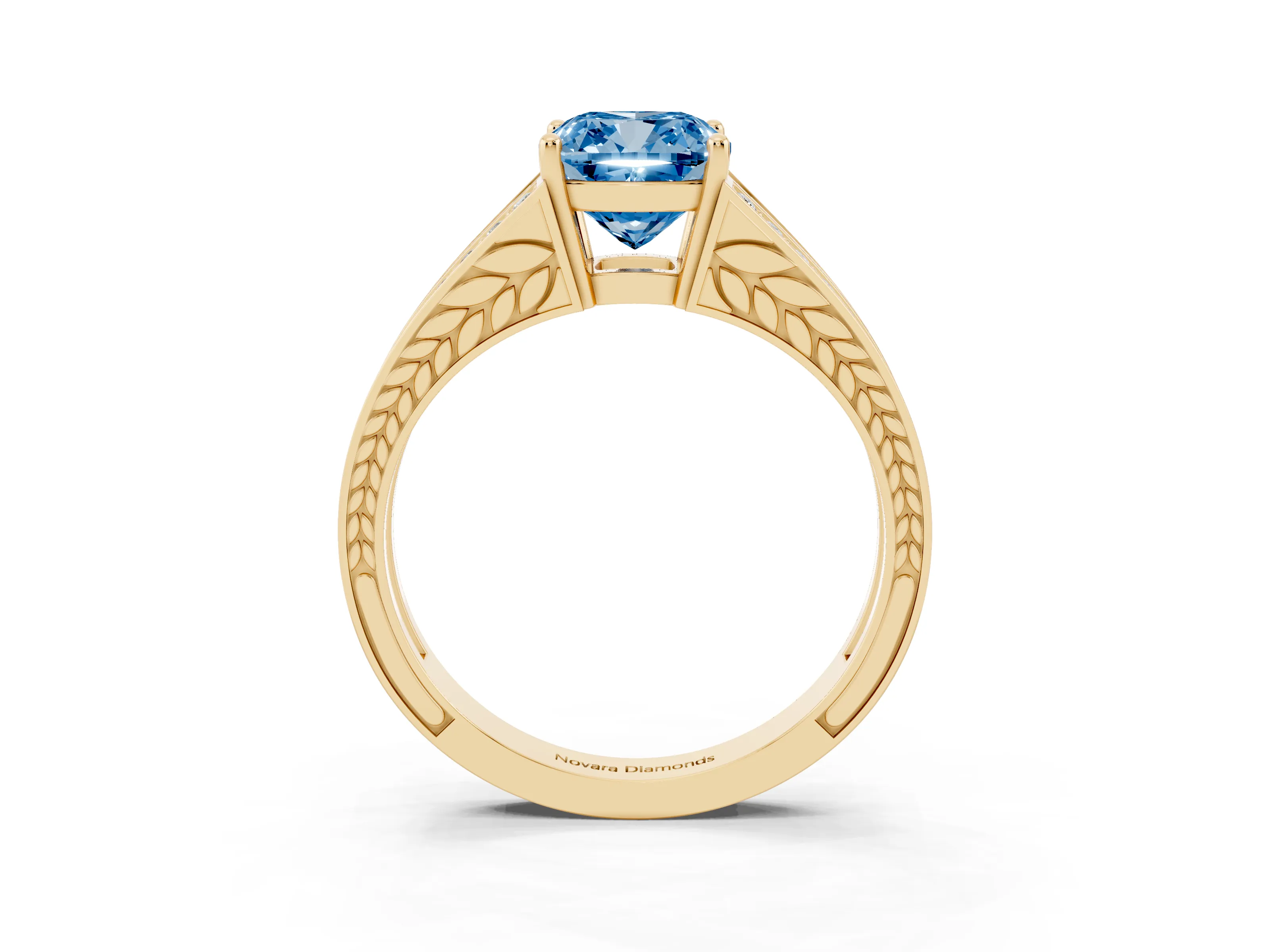 Fancy Blue Cushion Cut Diamond Split Shank Ring Set in Yellow gold with Pavé Band and Prong Setting