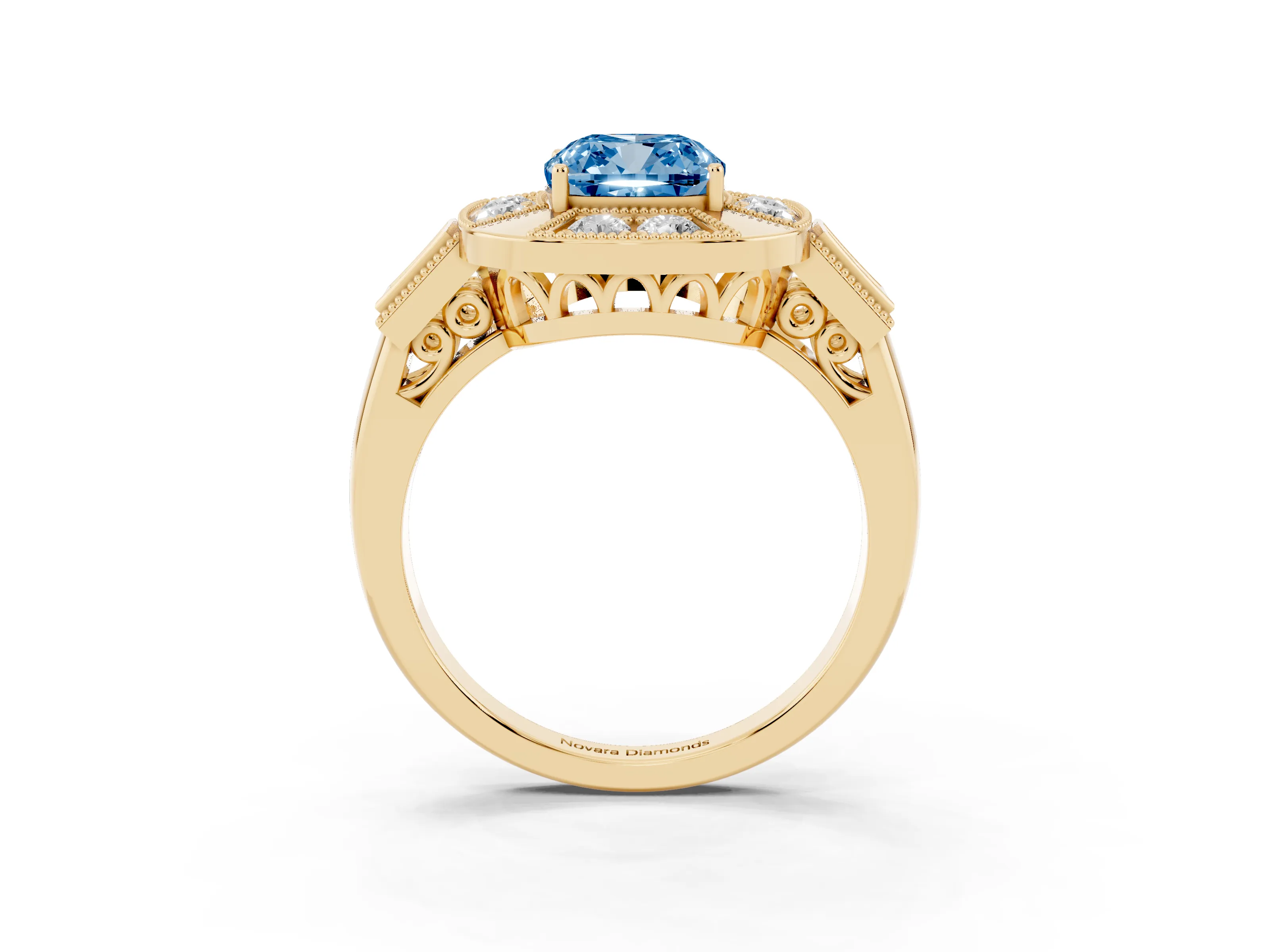 Fancy Blue Cushion Cut Diamond Milgrain Halo Ring Set in Yellow gold with Split Shank