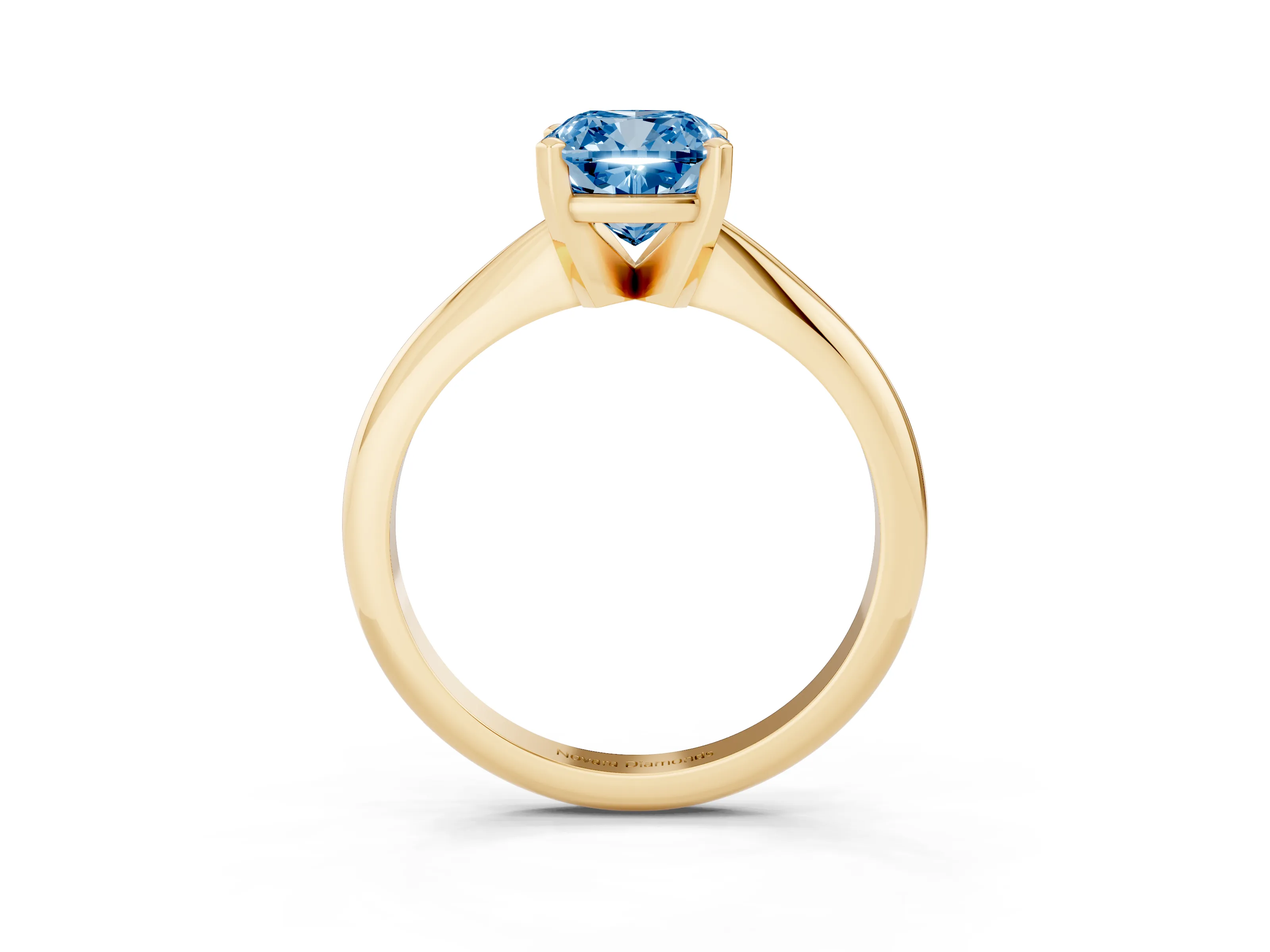 Fancy Blue Cushion Cut Diamond Solitaire Ring Set in Yellow gold with Prong Setting on a Plain Round Band