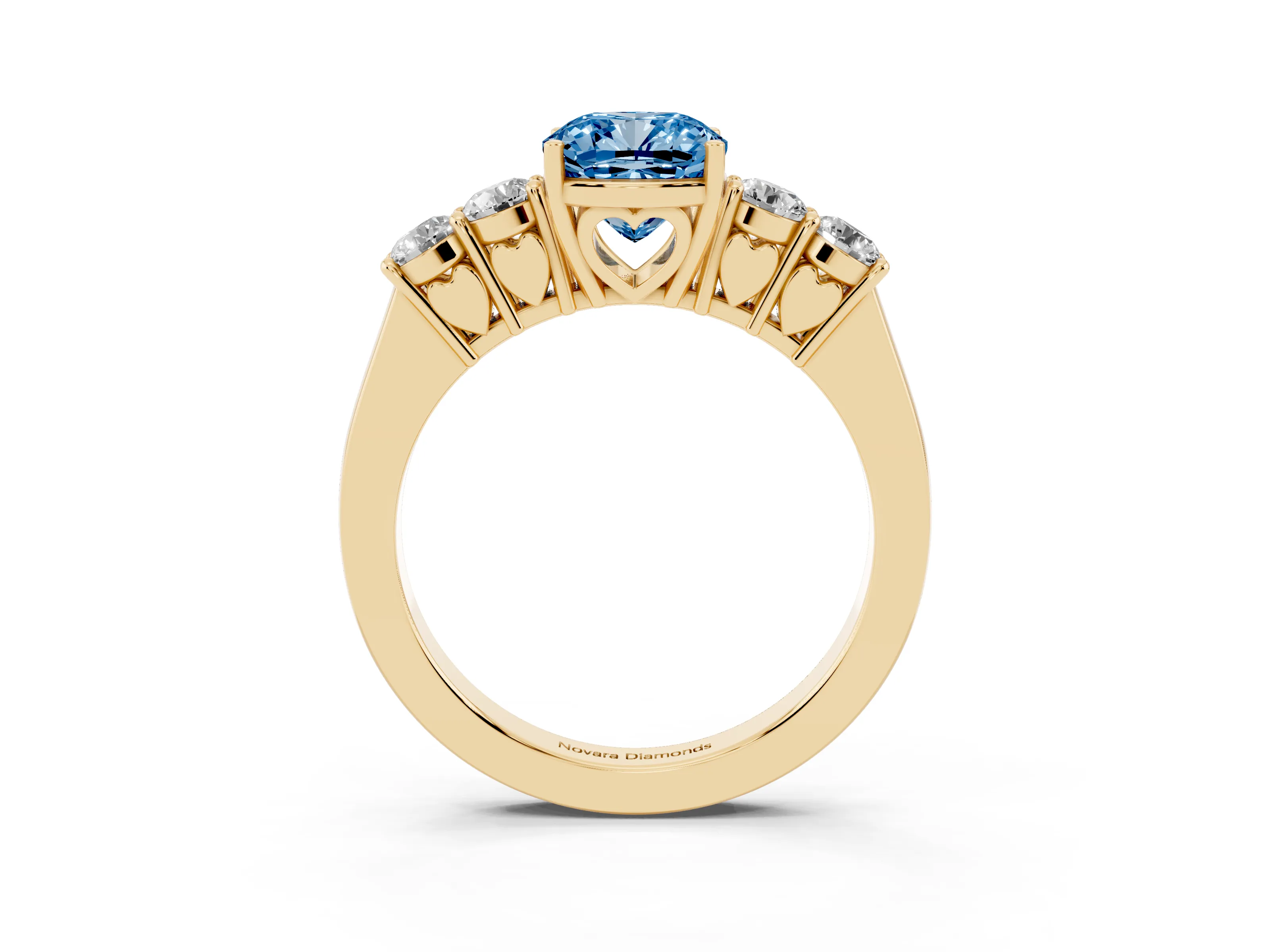 Fancy Blue Cushion Cut Diamond Five-Stone Prong Set Band Ring Set in Yellow gold with Polished Band
