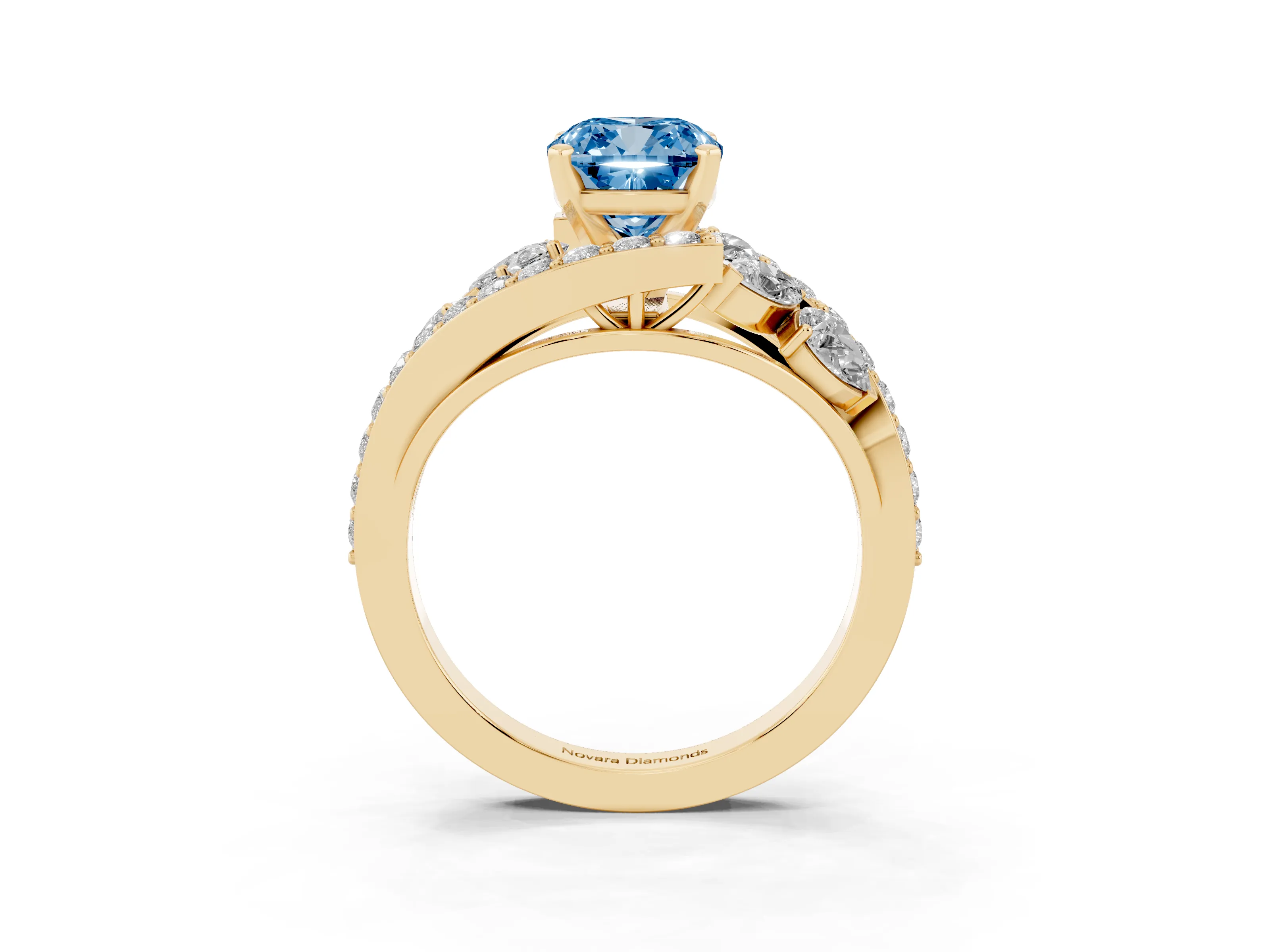 Fancy Blue Cushion Cut Diamond Halo Ring Set in Yellow gold with Marquise and Pavé Band in Prong Setting