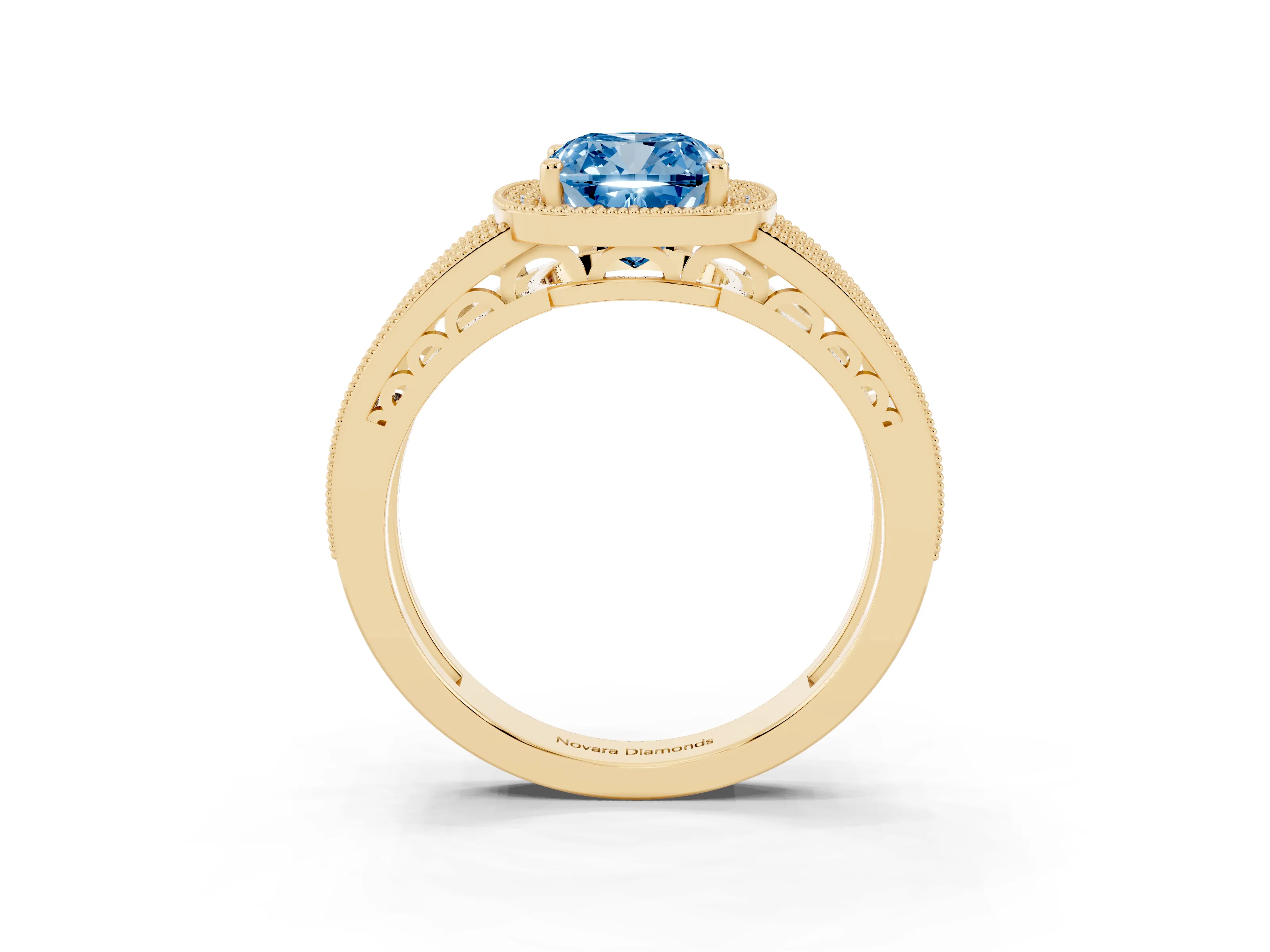 Fancy Blue Cushion Cut Diamond Halo Ring Set in Yellow gold with Accent Split Shank and Prong Setting