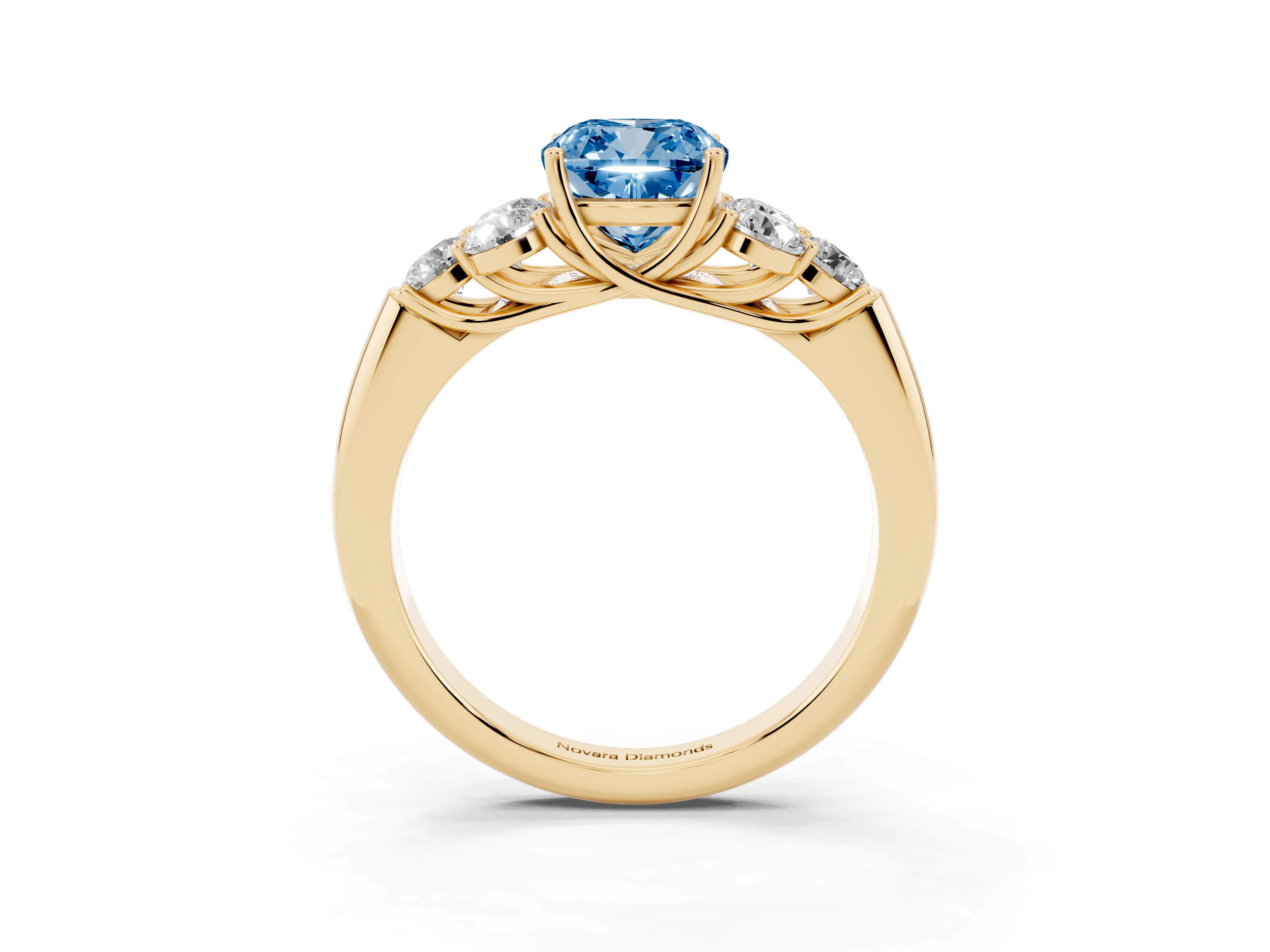 Fancy Blue Cushion Cut Diamond Cluster Ring Set in Yellow gold with Round Accent Stones and Prong Setting on a Plain Band