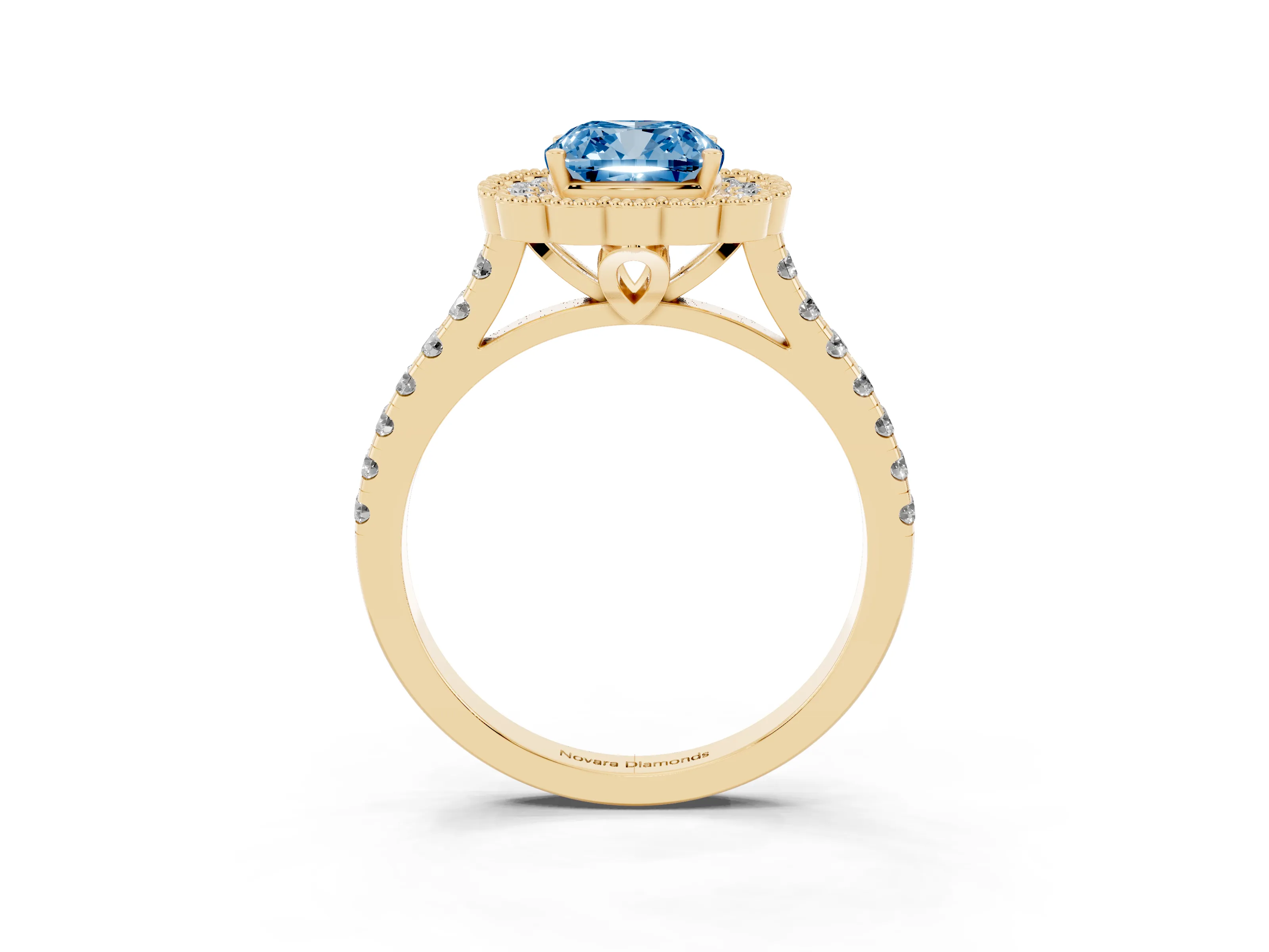 Fancy Blue Cushion Cut Diamond Milgrain Floral Halo Engagement Ring Set in Yellow gold with Pavé Band