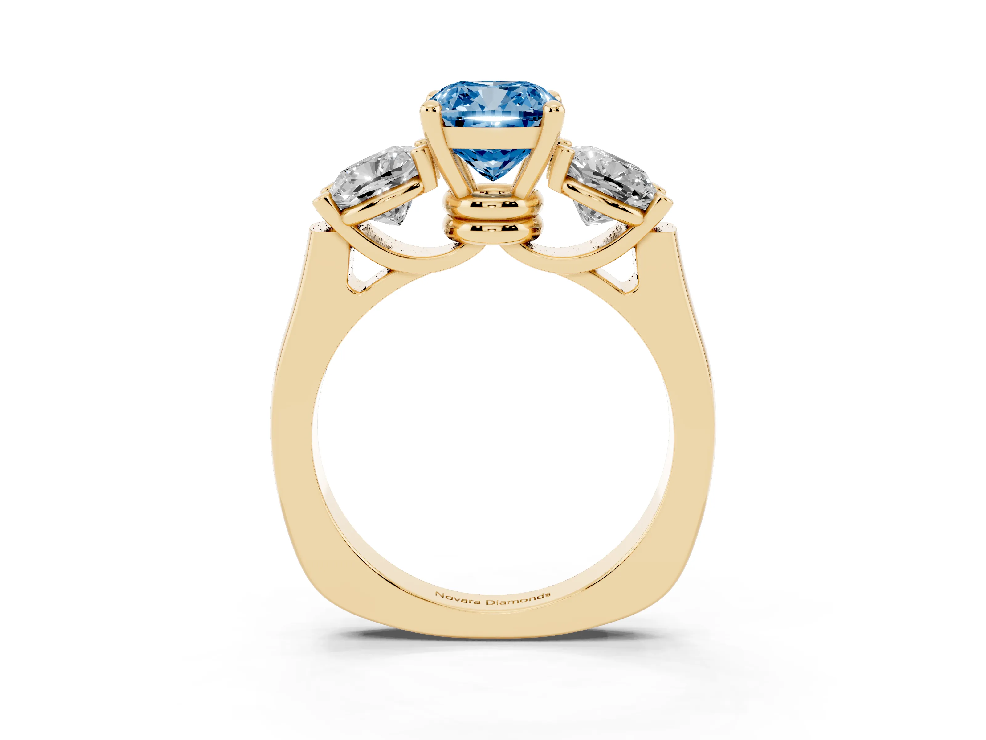 Fancy Blue Cushion Cut Diamond Three-Stone Trellis Ring Set in Yellow gold with Comfort Fit Band