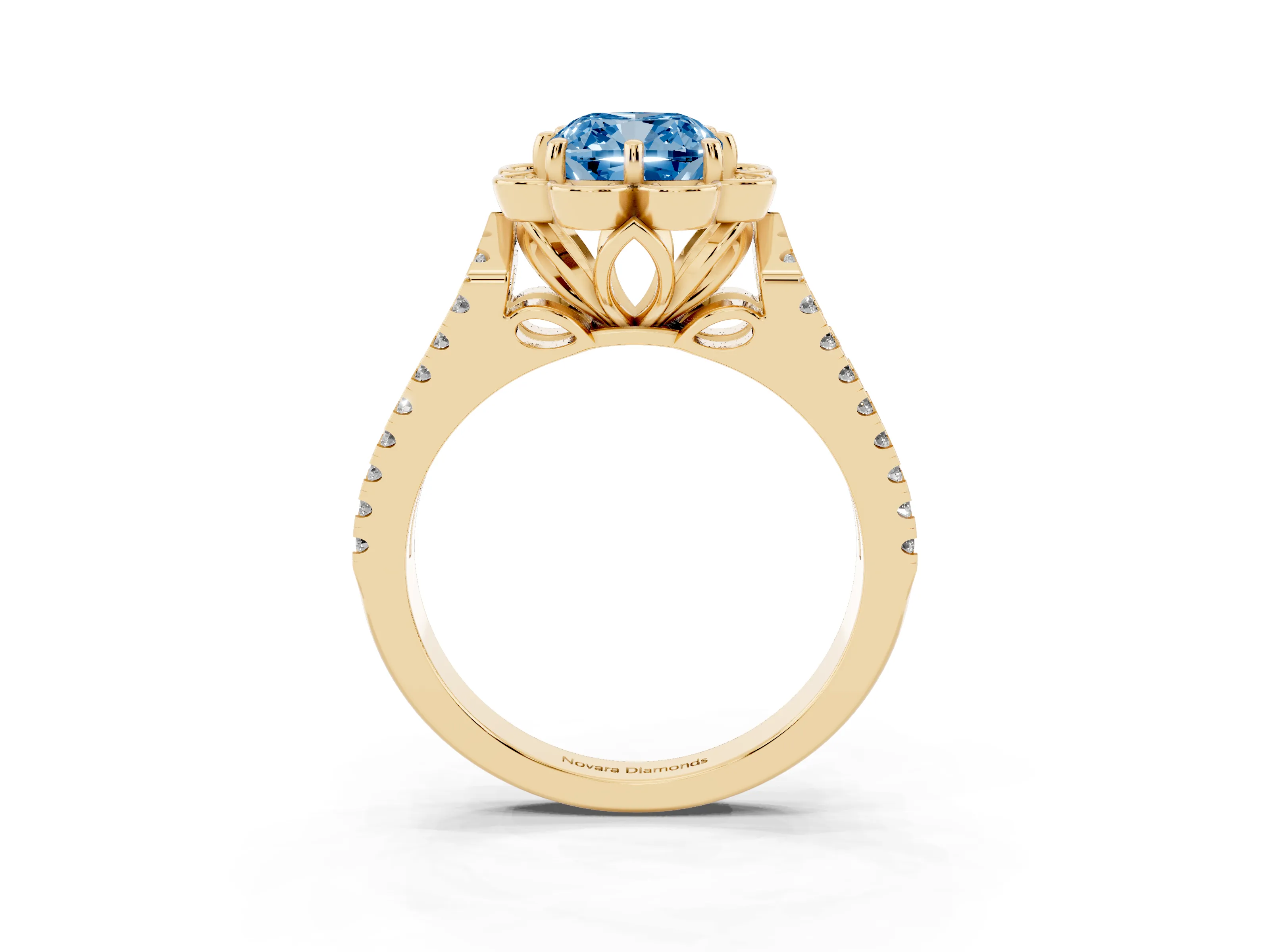 Fancy Blue Cushion Cut Diamond Floral Halo Split Shank Engagement Ring Set in Yellow gold with Pavé Shank