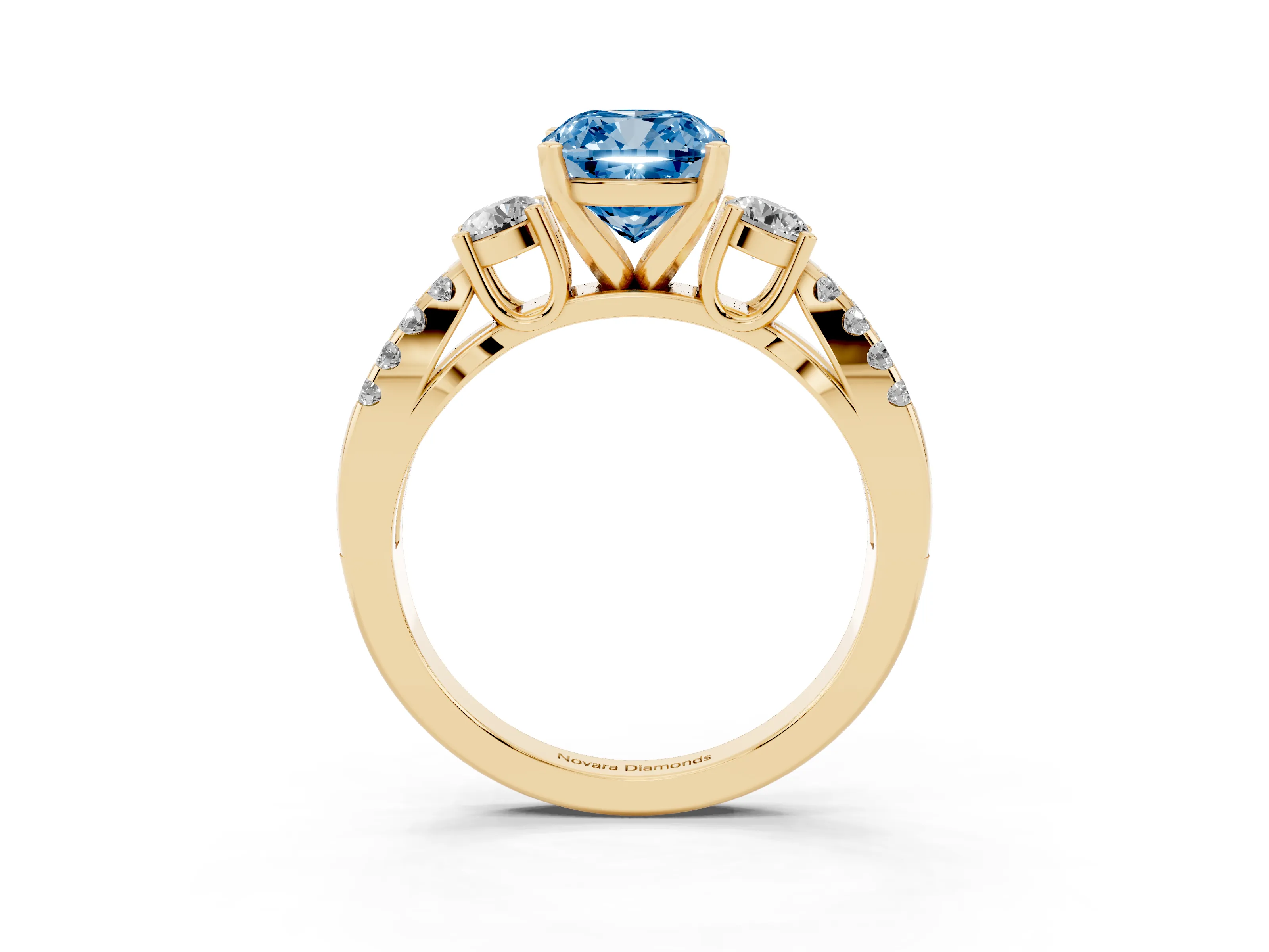 Fancy Blue Cushion Cut Diamond Three-Stone Ring Set in Yellow gold with Pavé Split Shank and Prong Setting